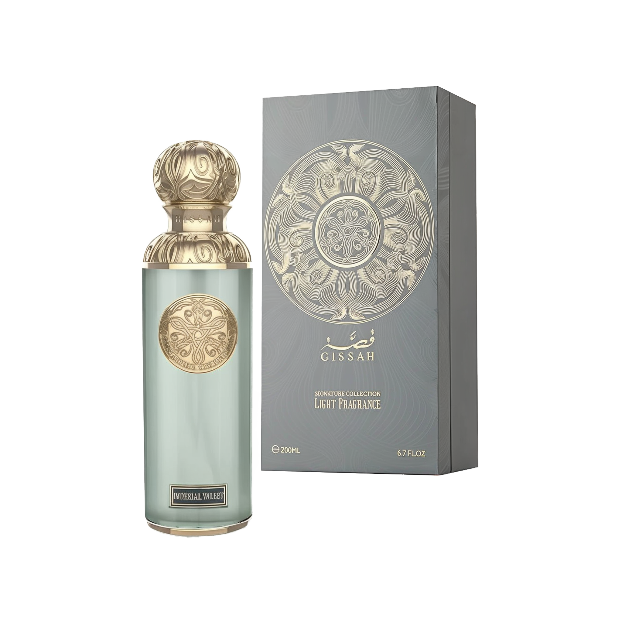 The image features a perfume bottle and its packaging from the "Gissah" Signature Collection, described as a light fragrance. The bottle is tall and cylindrical with a frosted light teal glass body, adorned with ornate gold medallions. It is capped with a gold, intricately designed spherical lid. Beside the bottle is the box, which is gray with a textured appearance and a large gold mandala-like design on the front, with the name "Gissah" printed at the top.