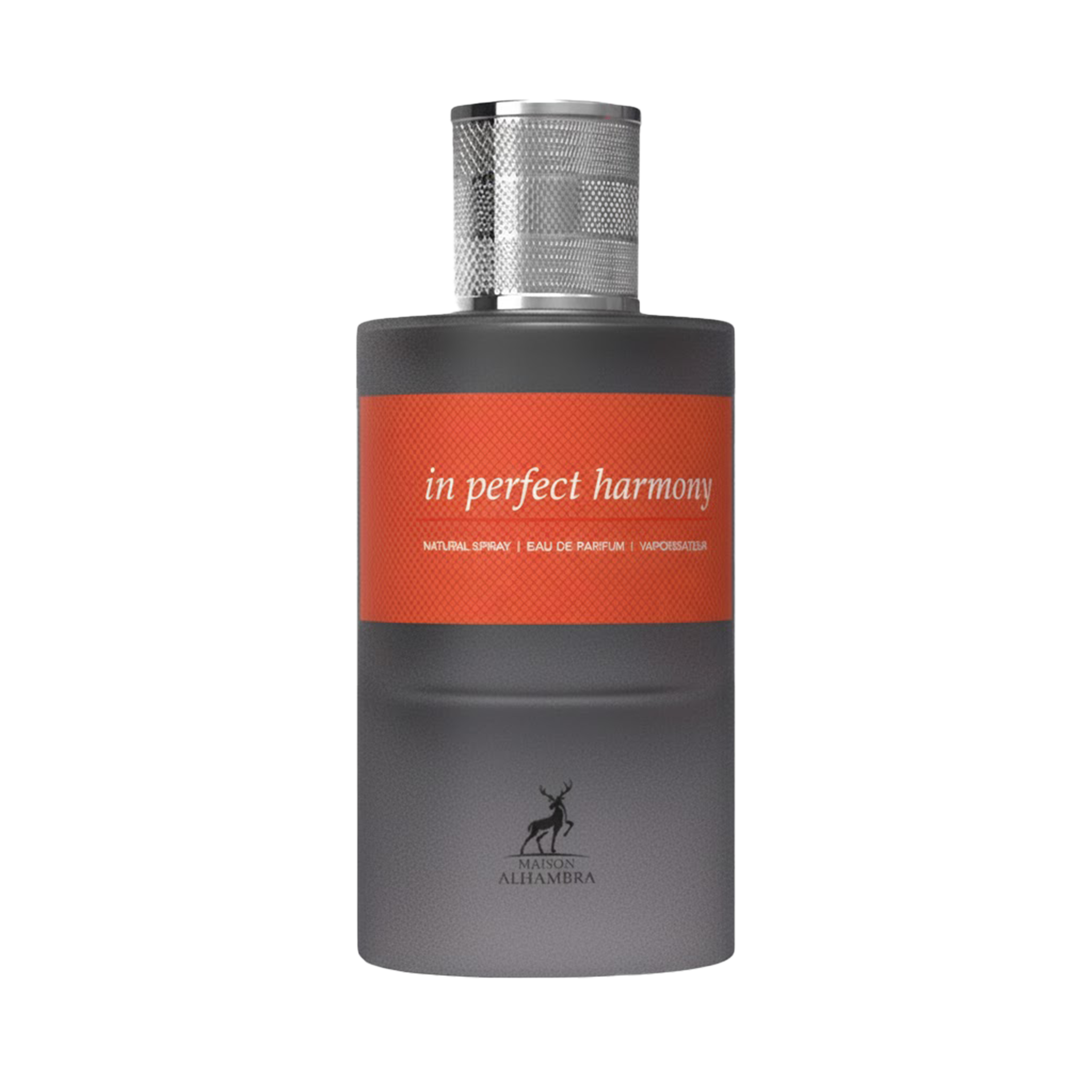 Maison Alhambra In Perfect Harmony perfume bottle in matte grey with silver cap and orange label.