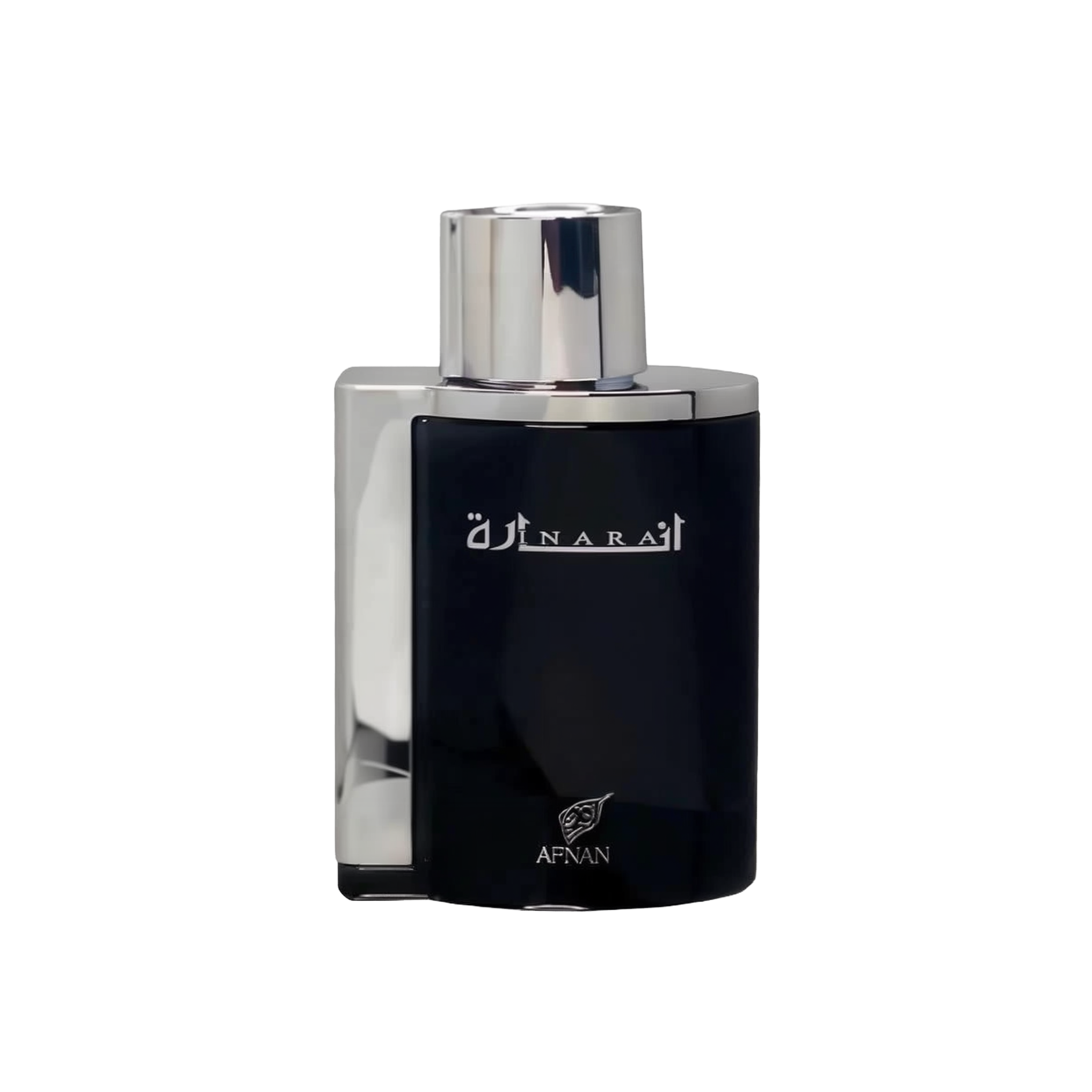 The image shows a rectangular perfume bottle with a dark, opaque body and a metallic silver cap. The front of the bottle has white Arabic calligraphy on the upper part and the word "AFNAN" in uppercase letters at the bottom, with a small rose emblem above it. The background is solid black, which provides a stark contrast to the bottle and highlights its features.
