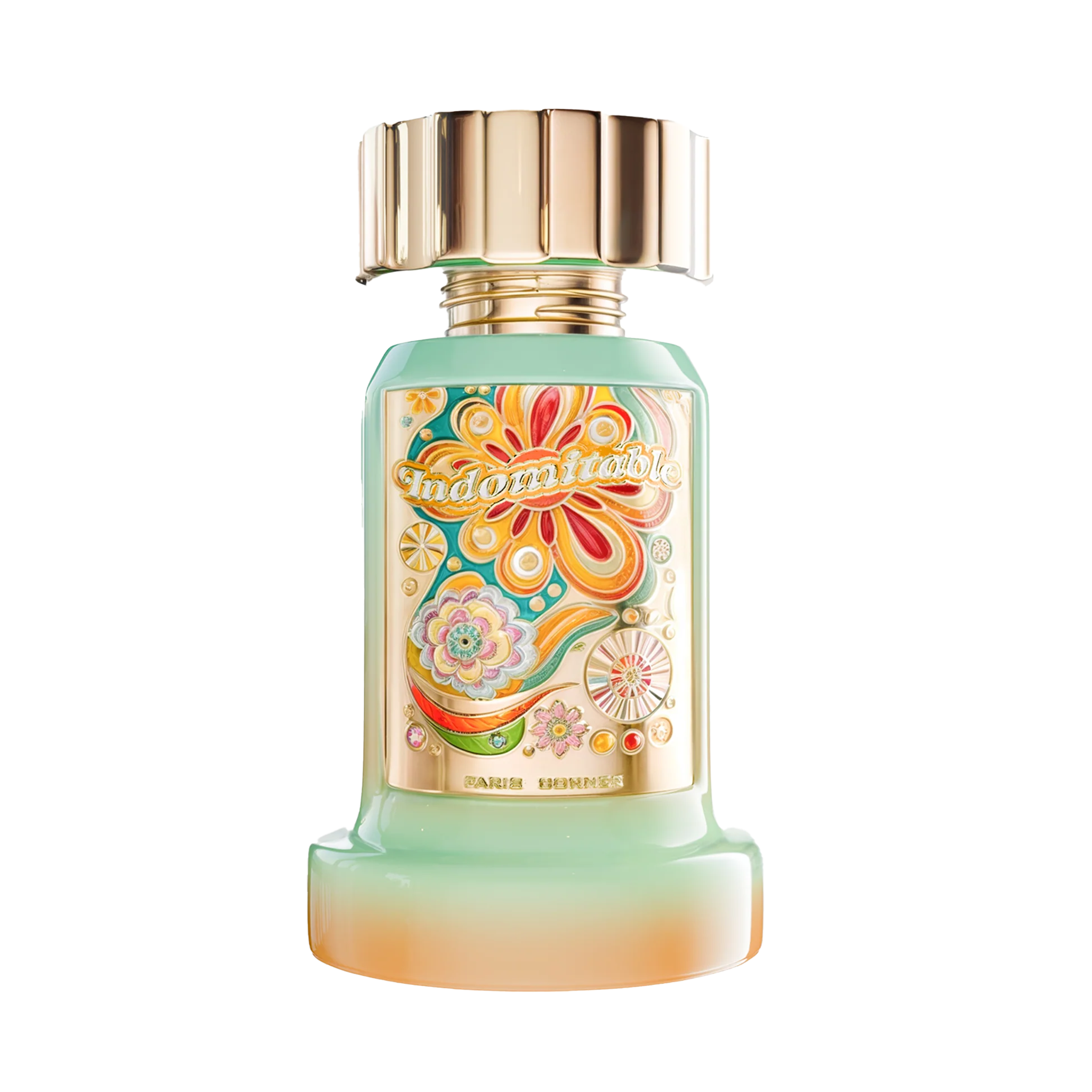 Mint green perfume bottle with gold cap and colorful floral Indomitable Paris Corner label on the front.