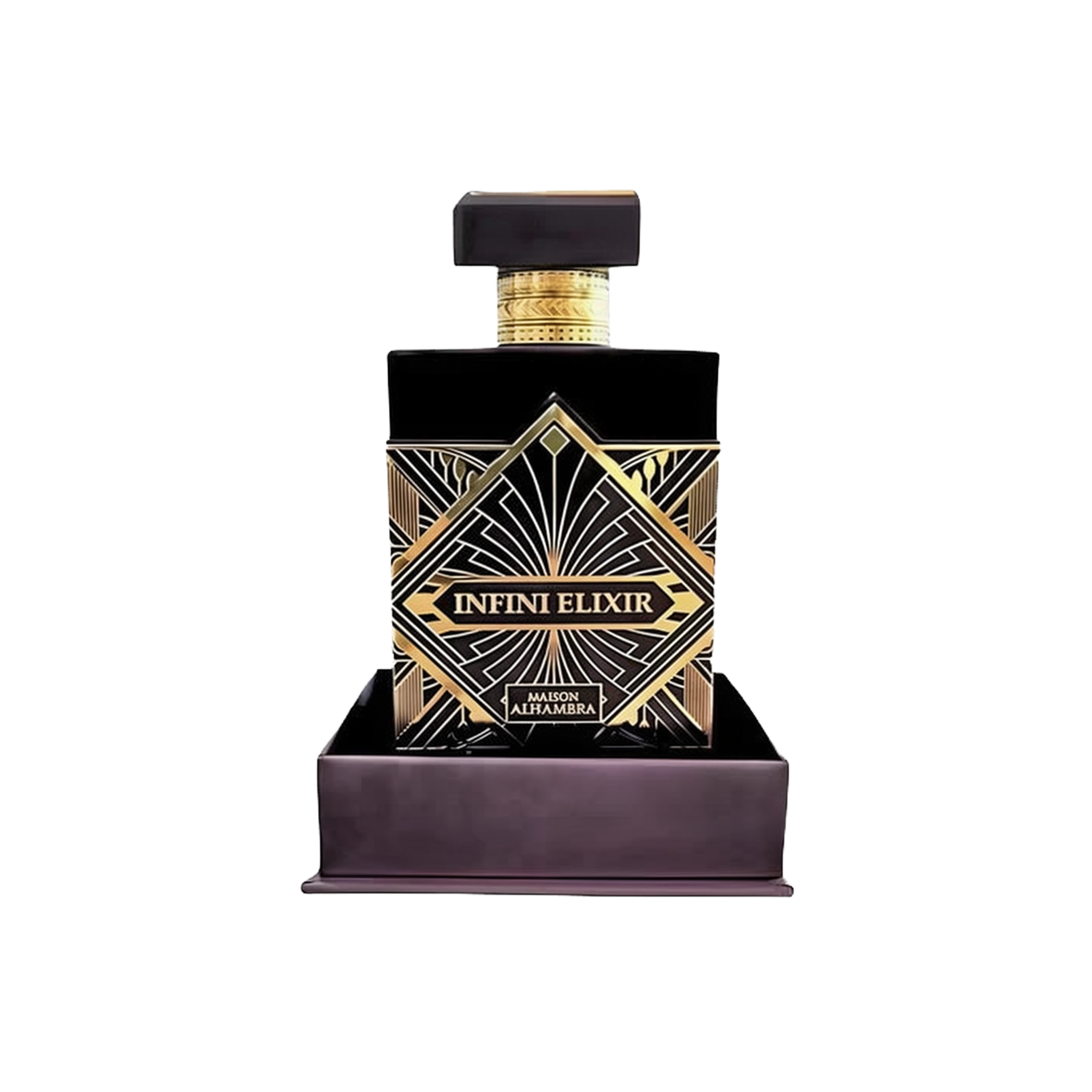 Infini Elixir by Maison Alhambra - a luxurious black perfume bottle with gold geometric patterns, displayed in a matching base. The bottle features a sophisticated rectangular design with a bold label at the center, highlighting the opulent and high-end nature of this fragrance. The set emphasizes elegance and exclusivity.