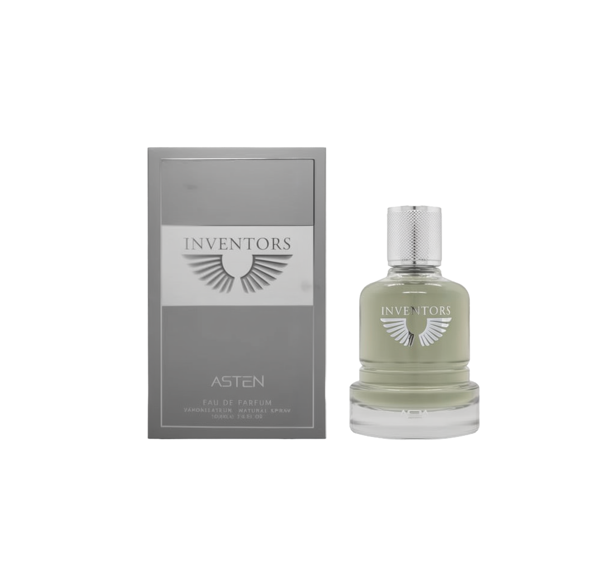 A round glass perfume bottle containing a pale green fragrance, topped with a textured silver cap and labeled ‘Inventors Asten,’ shown beside a grey rectangular box featuring the same winged logo and product name.