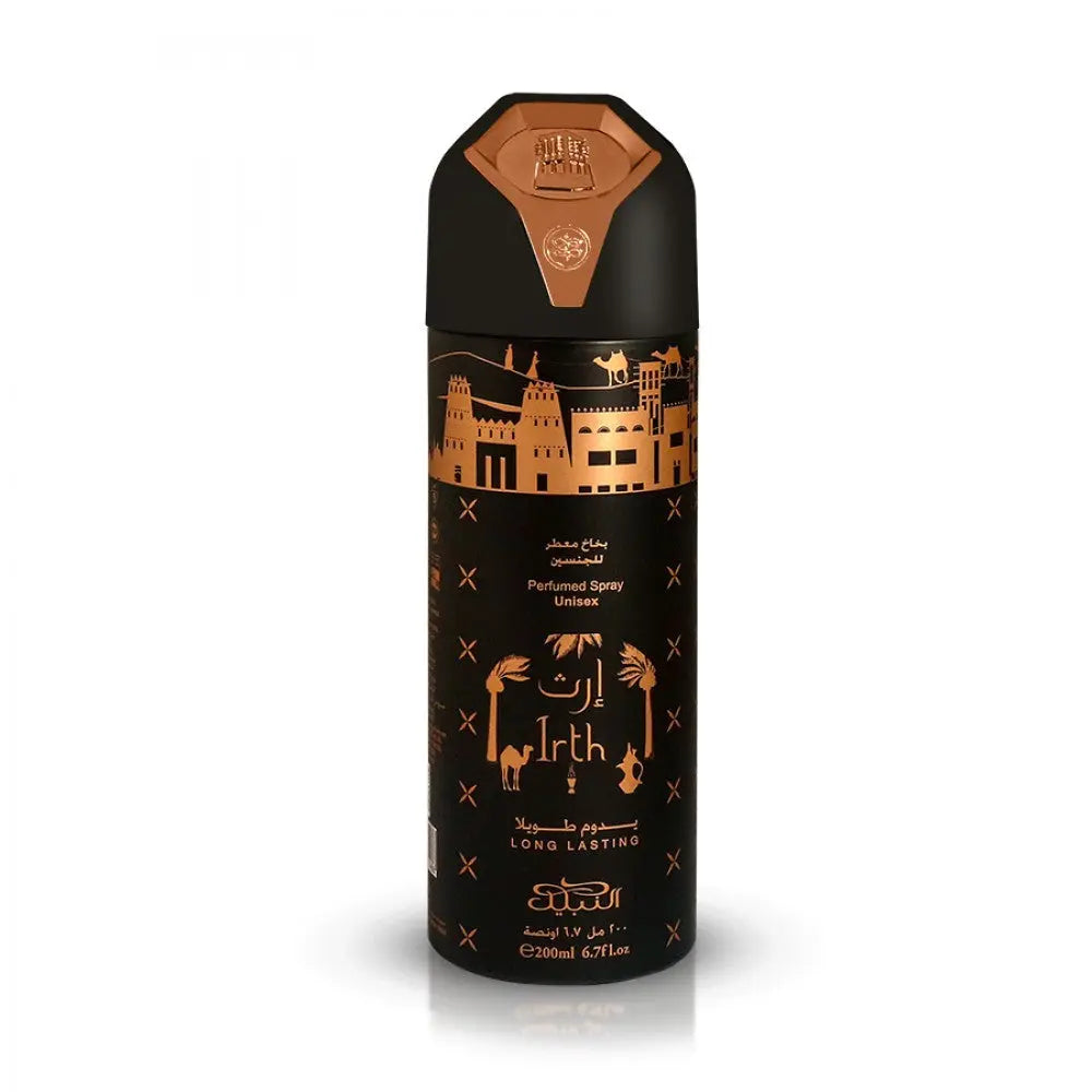 The image shows a tall, cylindrical deodorant spray bottle. The bottle has a black background with copper-gold accents, including a traditional skyline of Arabian architecture at the top and matching decorative elements throughout. The product is named "Irth" with the text "Perfumed Spray Unisex" and "Long Lasting" indicated on the label, along with the brand "Nabeel". It specifies the volume as "200ml 6.7fl.oz".