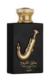 This image shows a perfume bottle named "Ishq Al Shuyukh Gold" by Lattafa Pride. The bottle has a sleek, black rectangular body with a luxurious gold-colored cap. A prominent and ornate gold sculpture of a traditional Arabic dagger, known as a Khanjar, ad