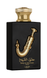 This image shows a perfume bottle named "Ishq Al Shuyukh Gold" by Lattafa Pride. The bottle has a sleek, black rectangular body with a luxurious gold-colored cap. A prominent and ornate gold sculpture of a traditional Arabic dagger, known as a Khanjar, ad