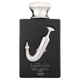 Black Lattafa Ishq Al Shuyukh Silver perfume bottle with silver dagger design.