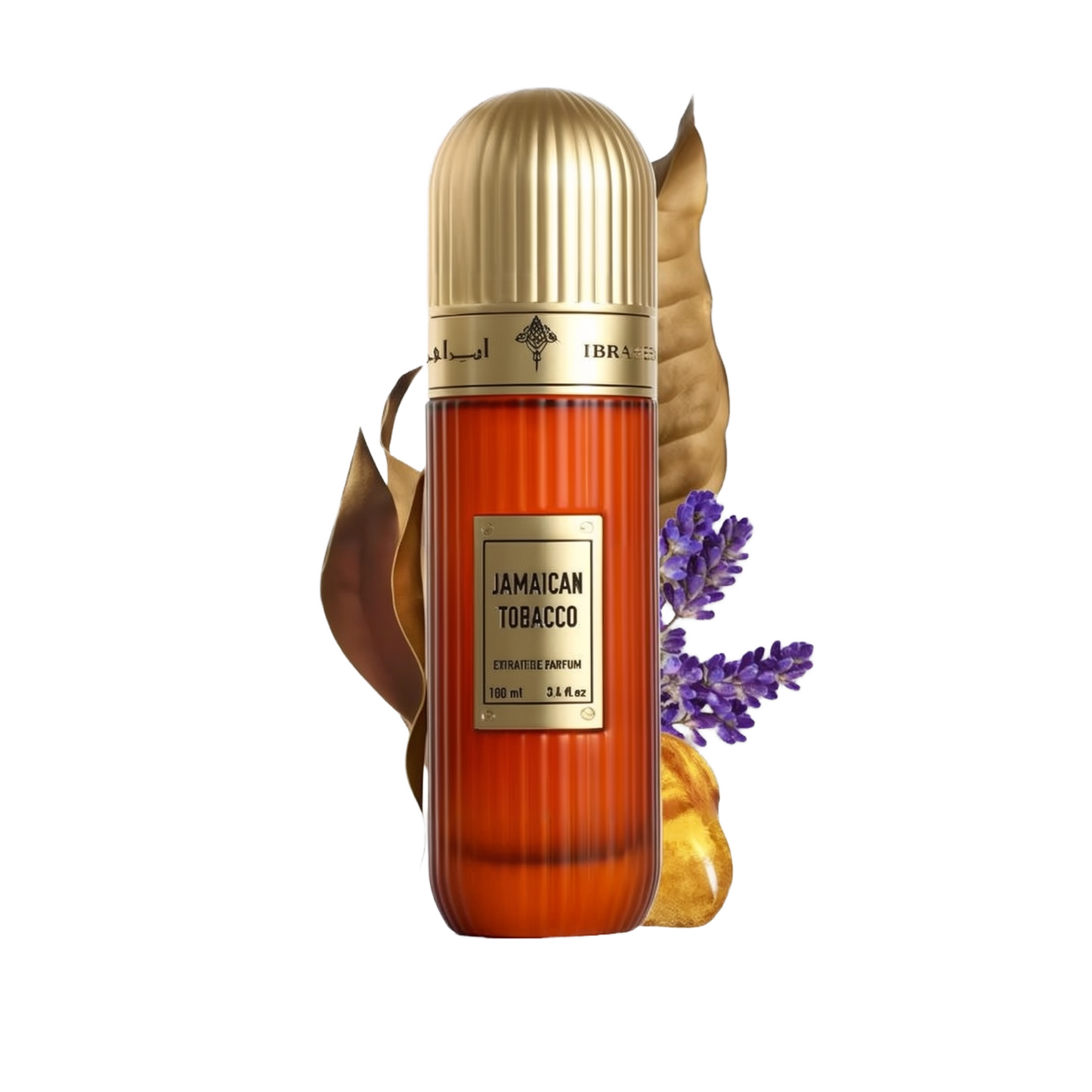 This image features a tall, cylindrical perfume bottle with a gold cap, labeled "Jamaican Tobacco" by Ibraheem Al Qurashi. The bottle is amber-colored with a textured surface, and it shows the volume as "100 ml / 3.4 fl.oz." A dry tobacco leaf, some lavender sprigs, and pieces of amber resin are placed around the bottle, suggesting the scent notes of the fragrance.