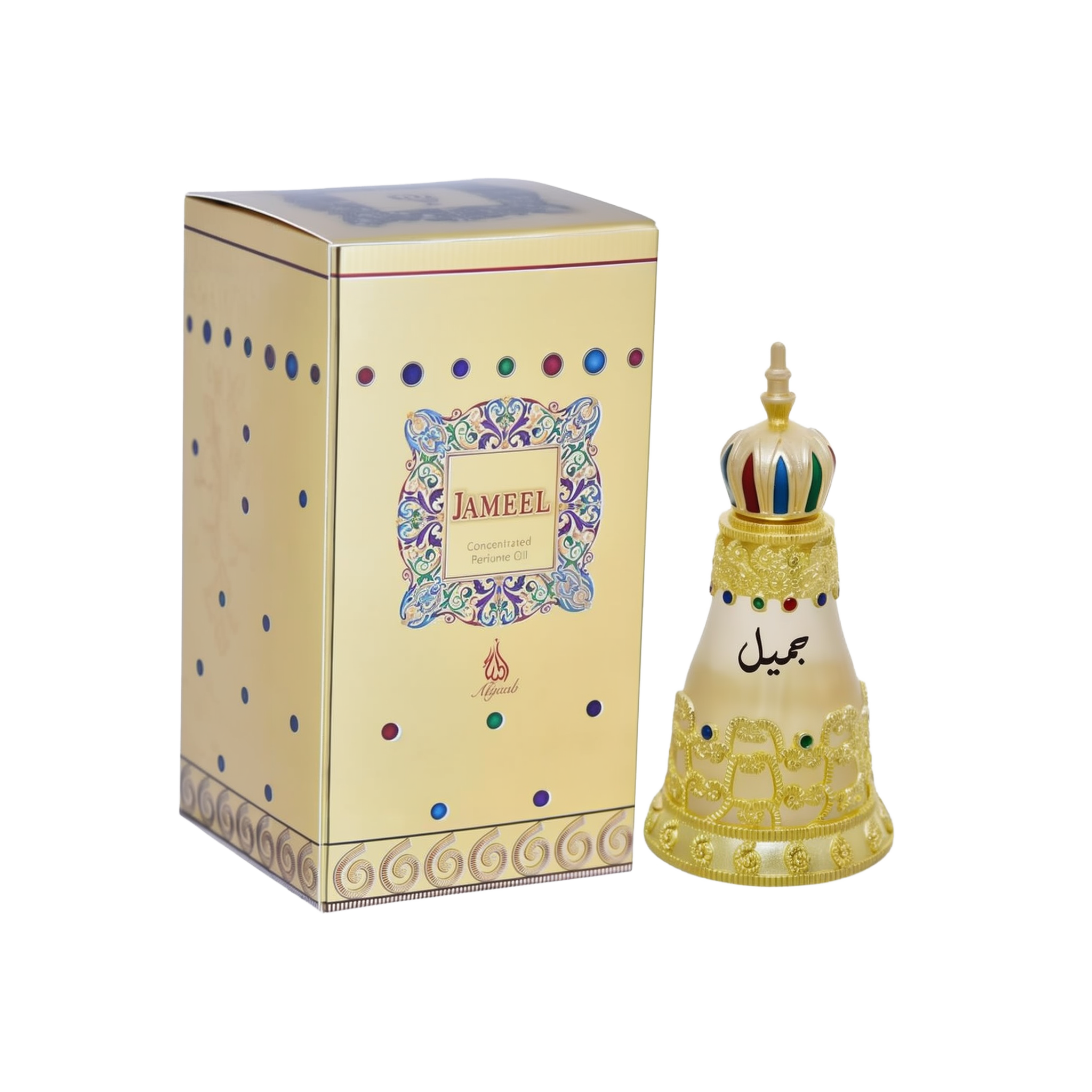 An ornate, gold-decorated perfume bottle with a crown-shaped cap, featuring multicolored gemstones and Arabic script, displayed next to a matching gold box adorned with intricate patterns and the text 'Jameel Concentrated Perfume Oil' in the center.
