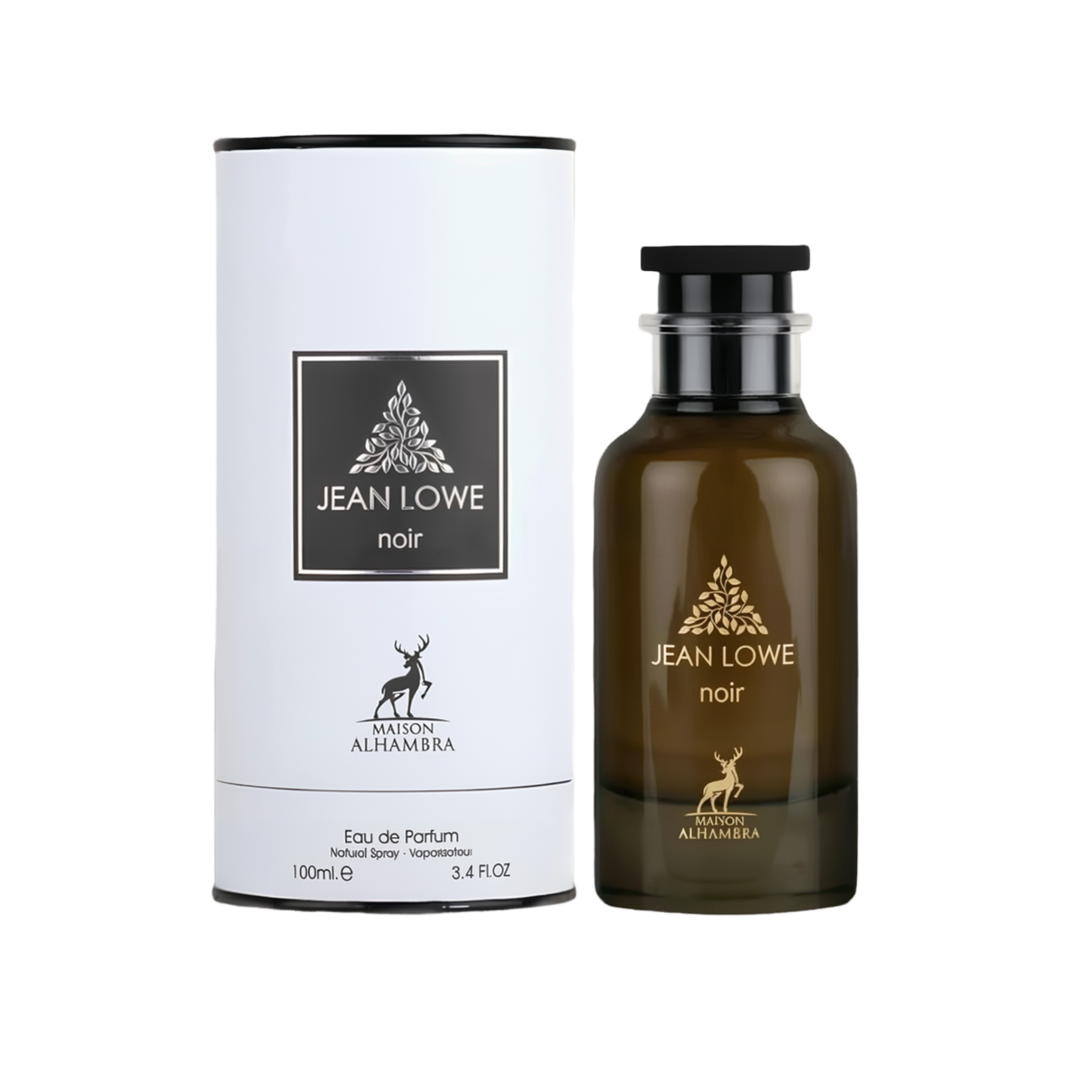 The image features a product named "Jean Lowe Noir" by Maison Alhambra. The product is an Eau de Parfum, presented in a sleek, cylindrical dark amber glass bottle with a black cap. The bottle has a minimalist design, with gold text displaying the product