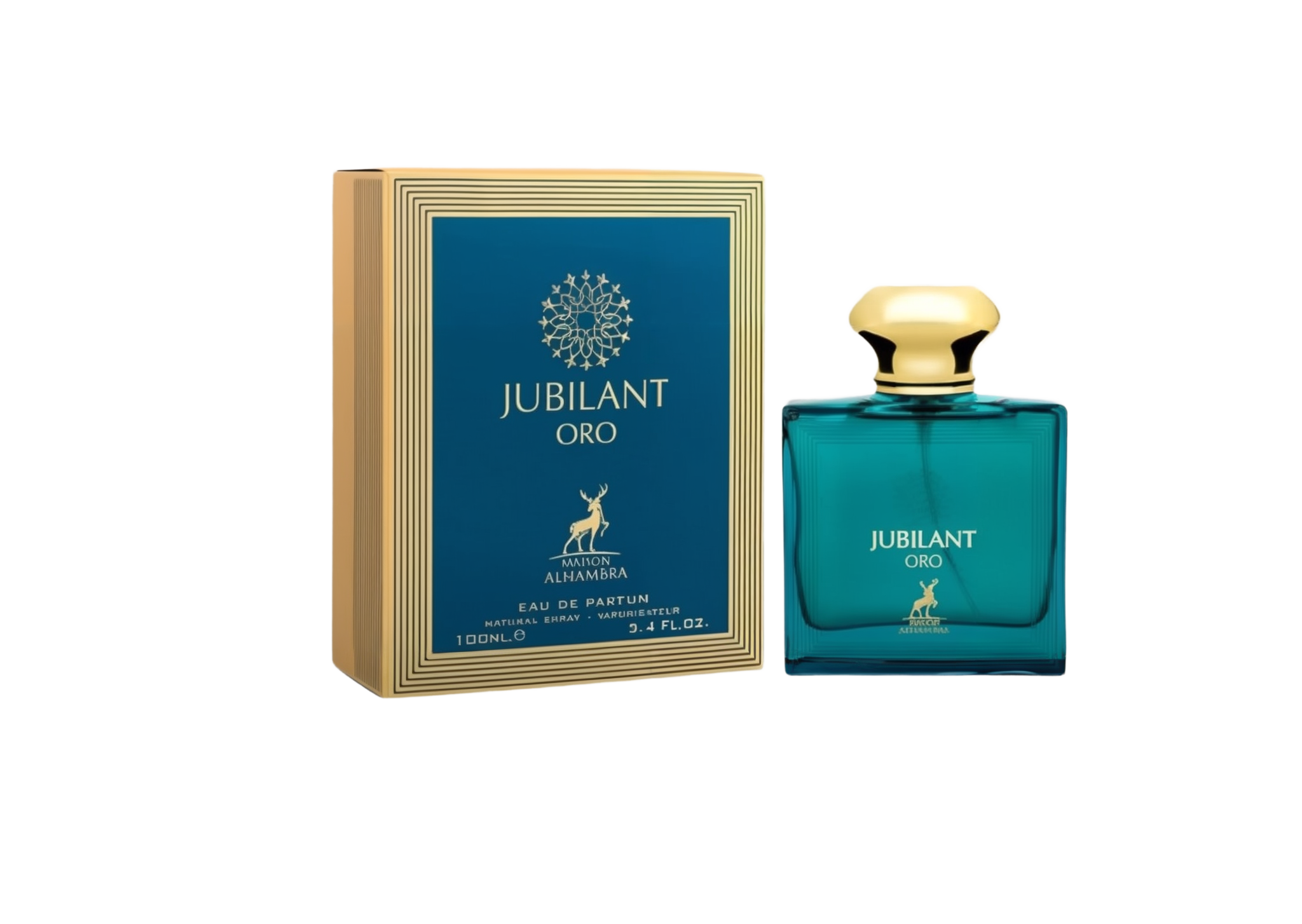 A teal rectangular box with gold detailing labeled ‘Jubilant Oro Eau De Parfum’ by Maison Alhambra, displayed next to a matching square teal bottle featuring a rounded gold cap.