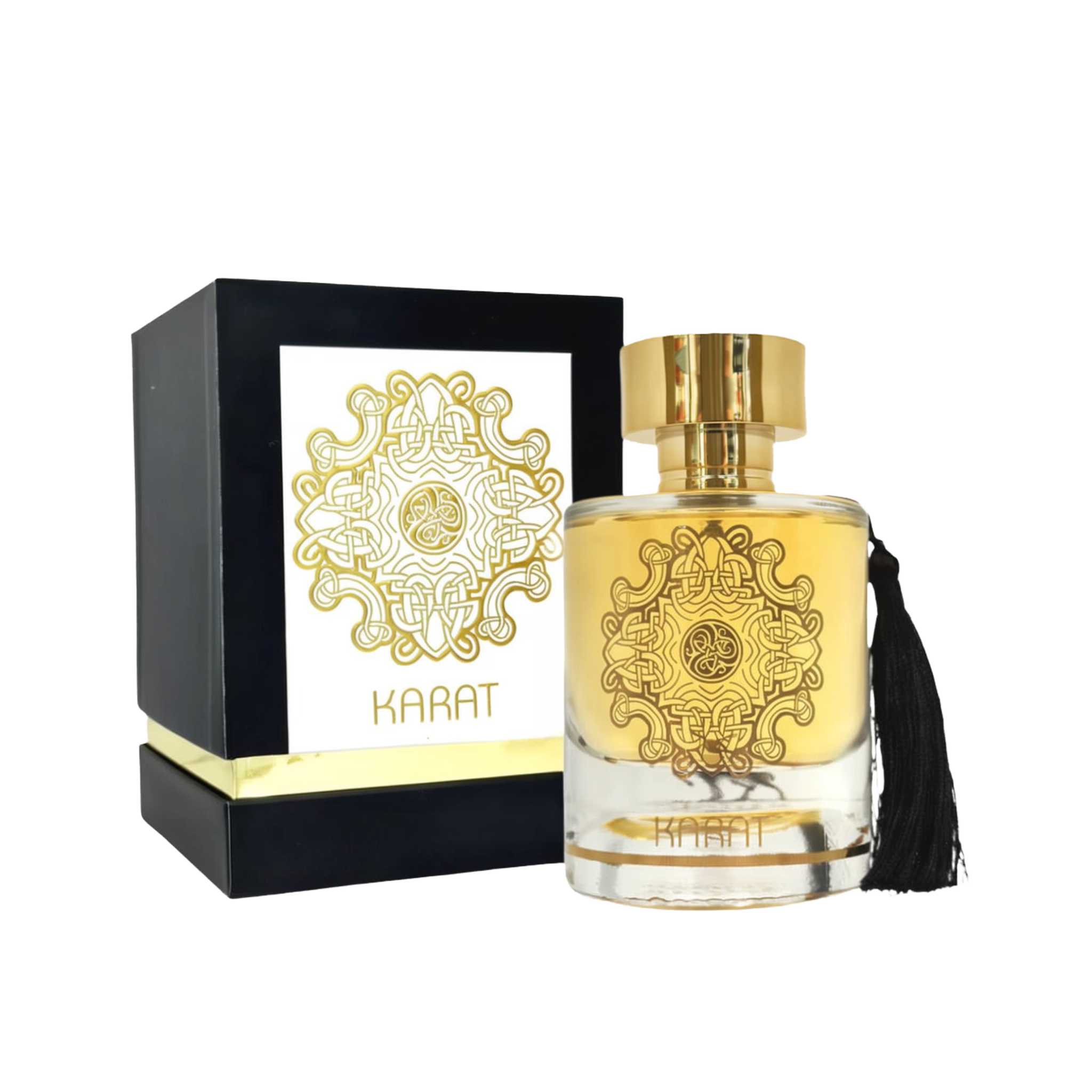 A product image of Lattafa’s “Karat” perfume: a clear cylindrical glass bottle filled with golden liquid, decorated with an intricate gold filigree medallion on its front and topped by a shiny gold cap.