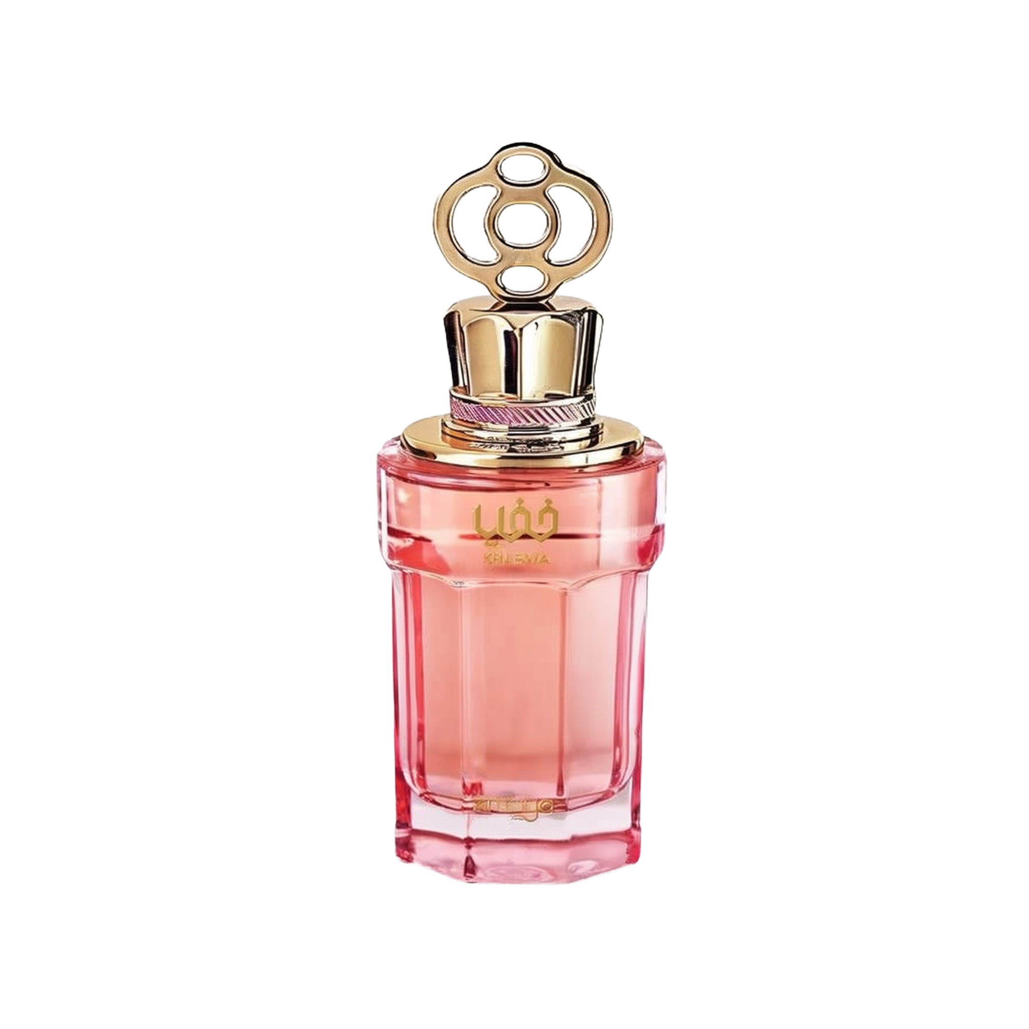 The image features a pink perfume bottle with a gradient that fades to clear at the base. The cap is golden and has a decorative loop design. The bottle has the word "?????" written in Arabic script and "KHAFAYA" in Latin letters in gold just below the neck. The design elements suggest an elegant and contemporary style, and the color scheme conveys a sense of feminine luxury.