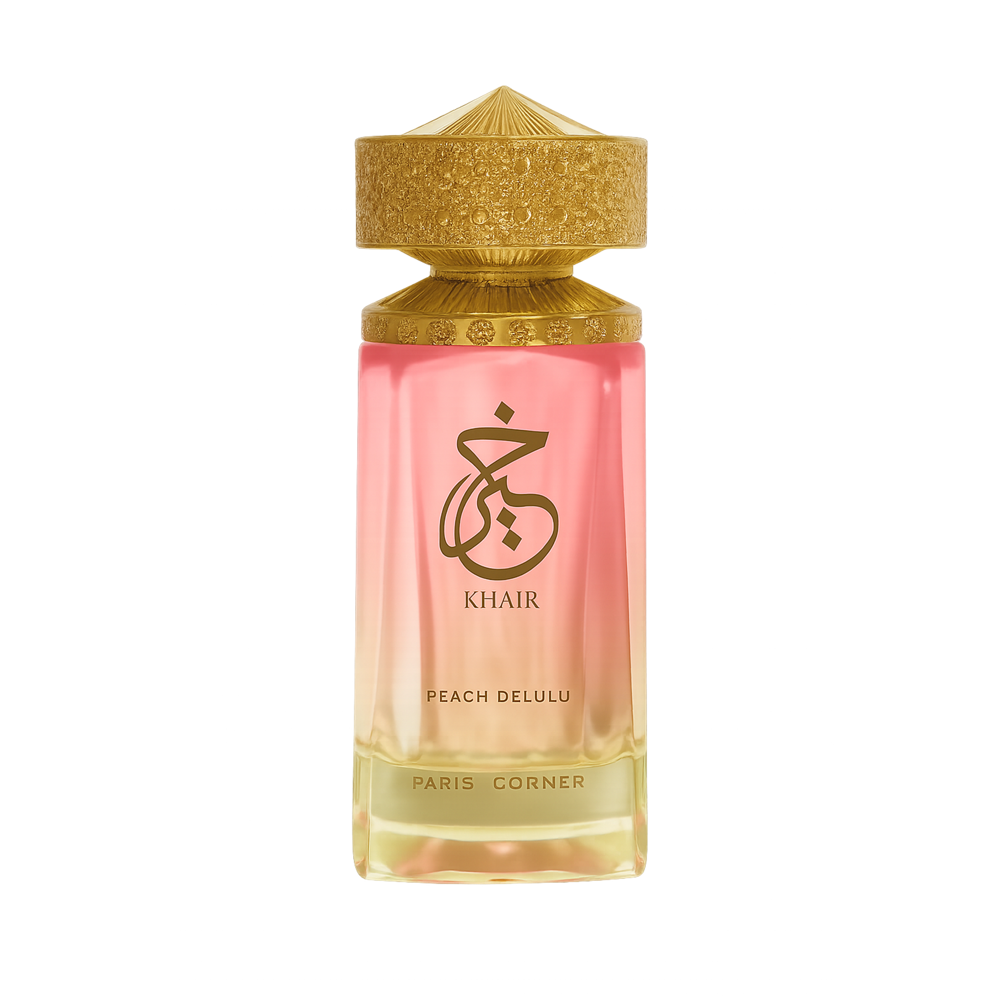 Gold-capped Khair Peach Delulu perfume bottle with pink to gold gradient glass on dark backdrop.