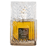 Close-up of Lattafa Khamrah Qahwa perfume bottle with clear glass and golden fragrance.