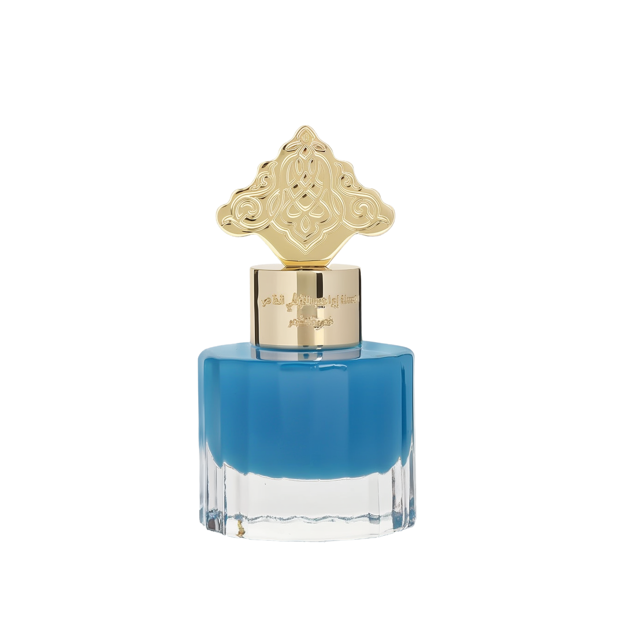 This image features a square-shaped perfume bottle with a blue gradient color, transitioning from a darker blue at the top to clear at the bottom. The cap is gold with intricate, ornate patterns resembling traditional Arabic designs. Arabic script is present on the gold band just below the cap, likely denoting the brand or fragrance name.