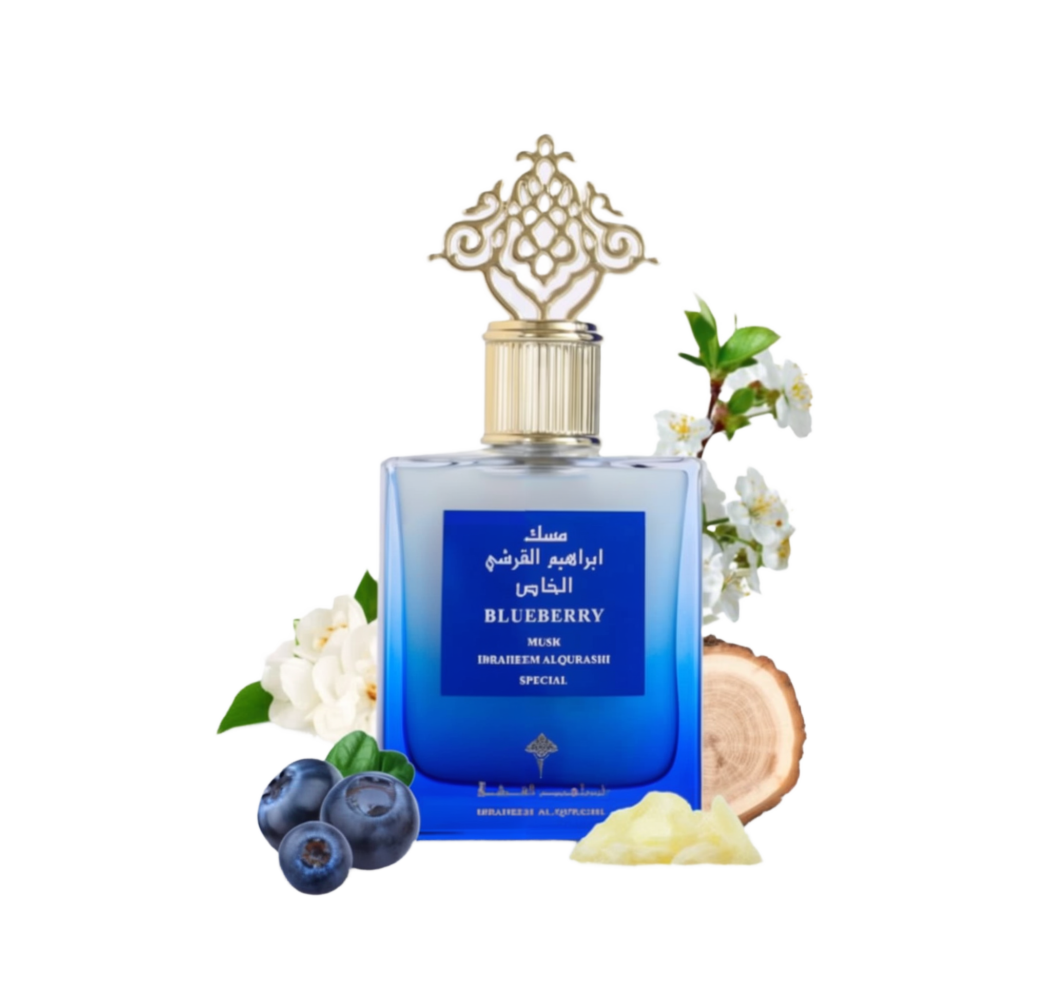 Perfume Blueberry Musk by Ibraheem Al Qurashi around the bottle are blueberries, a wood slice & flowers, set against a clean white background.