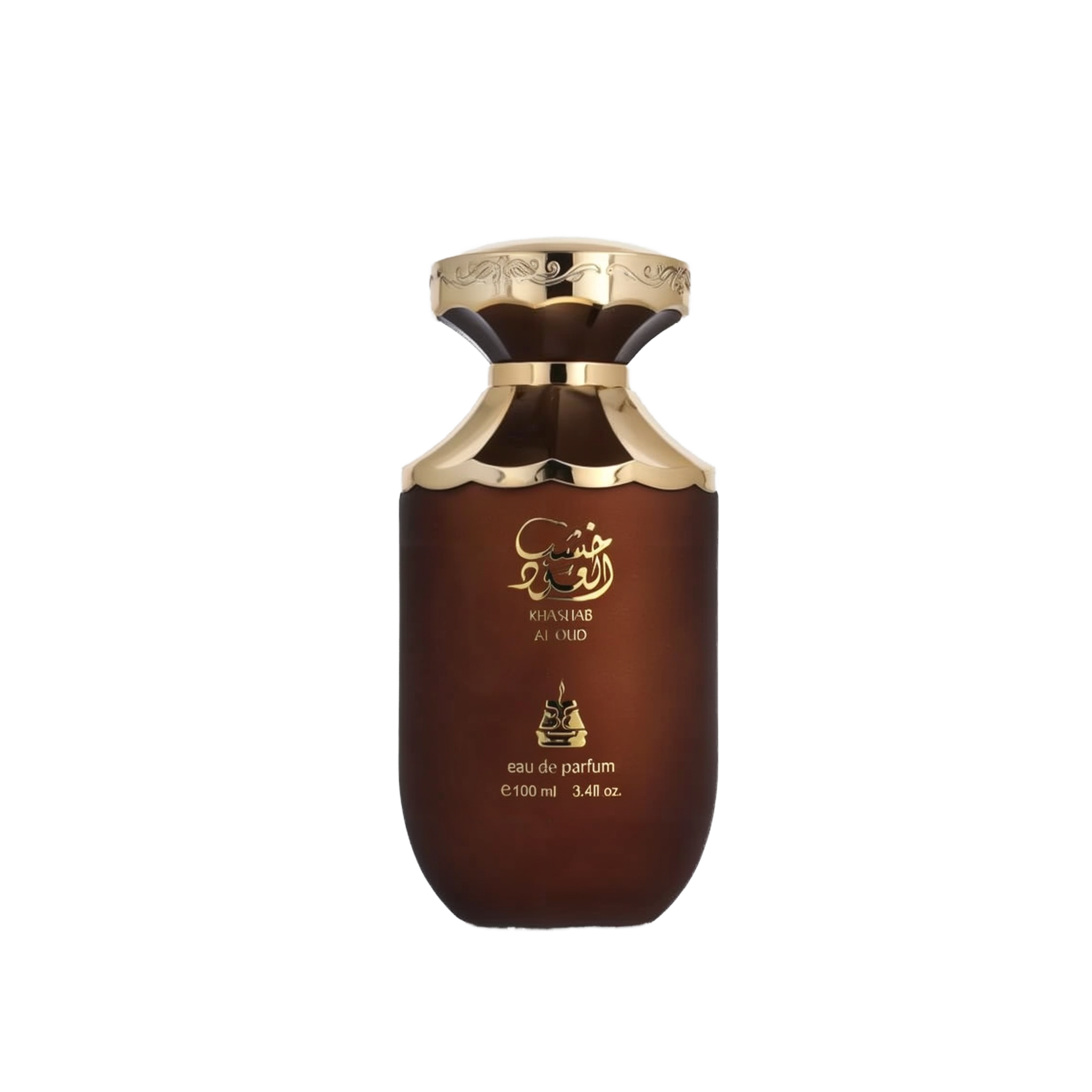 The image displays a perfume bottle labeled "Khashab Al Oud" by Bait Al Bakhoor. The bottle has a distinctive, rounded shape with a broad base that tapers slightly towards the top. It has a dark brown to black gradient color, symbolizing a woody essence, and is adorned with gold accents and Arabic calligraphy that accentuates its luxurious appeal. The perfume is noted to be an eau de parfum, with a volume of 100 ml or 3.4 fl. oz.