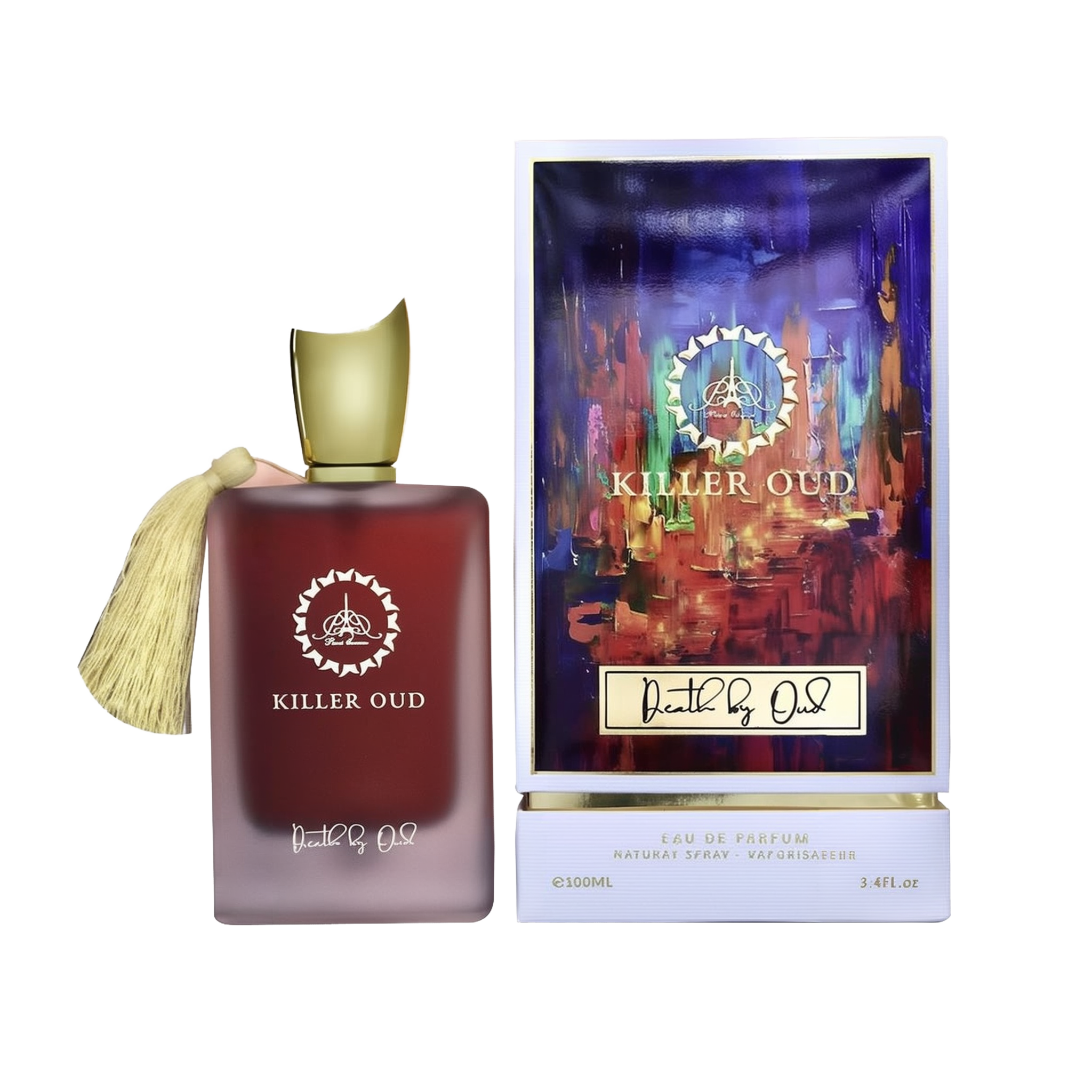 A white box with a vibrant, abstract purple and red artwork labeled “Killer Oud” and “Death by Oud” stands beside a matte-burgundy perfume bottle. The bottle has the same branding in white, a gold curved cap, and a matching gold tassel on the side.