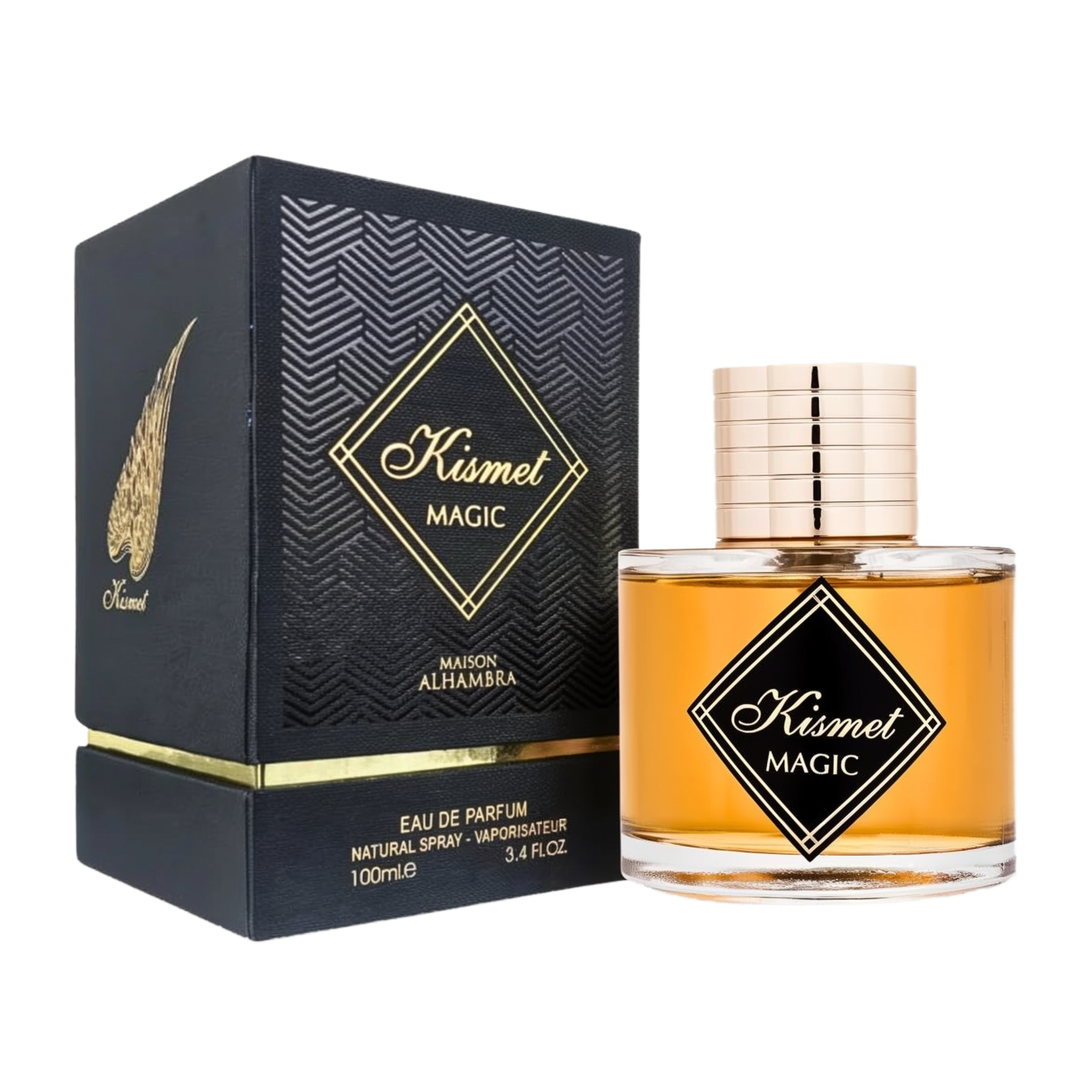 The image shows a product named "Kismet Magic" by Maison Alhambra. The product is an Eau de Parfum, housed in a round, clear glass bottle with a golden cap. The bottle contains a warm amber-colored liquid and features a black label with a gold diamond-sha