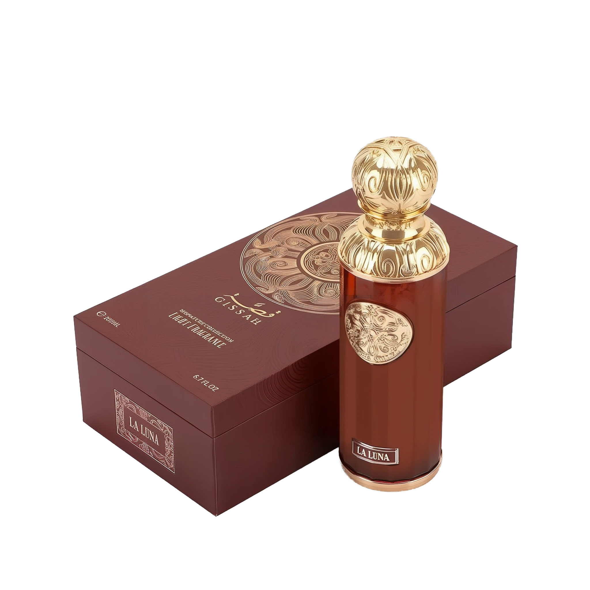 The image features "La Luna" by Gissah, displayed alongside its packaging. The perfume bottle is a sleek copper color with a gold ornate medallion and an intricately designed gold spherical cap. The packaging is a deep brown box with a textured surface and a large gold circular mandala design on the top. The box also has the name "Gissah" and "LA LUNA" along with the description "SIGNATURE COLLECTION LIGHT FRAGRANCE."