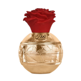 The image shows a luxurious perfume bottle with a golden spherical base featuring ornate, engraved patterns. A red, rose-shaped cap sits on top of the bottle, adding a vibrant contrast to the gold base. The front of the bottle has Arabic script reading "L