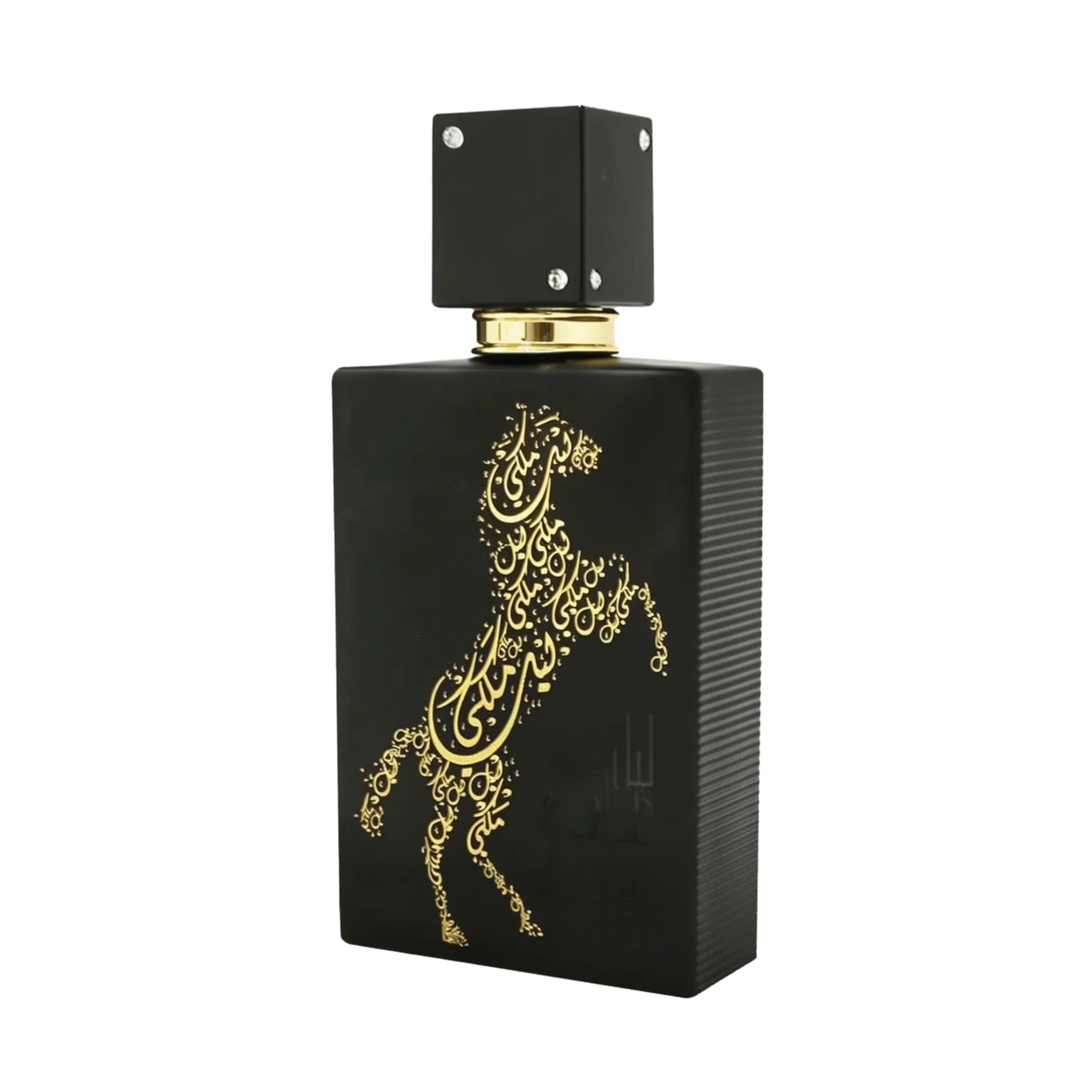 A sleek black bottle of Lail Maleki Eau de Parfum by Ard Al Zaafaran, featuring an elegant gold design of a rearing horse made up of intricate Arabic calligraphy. The bottle has a textured finish and a square black cap adorned with small silver accents. The luxurious and artistic design of the bottle highlights the sophistication and exclusivity of the fragrance.