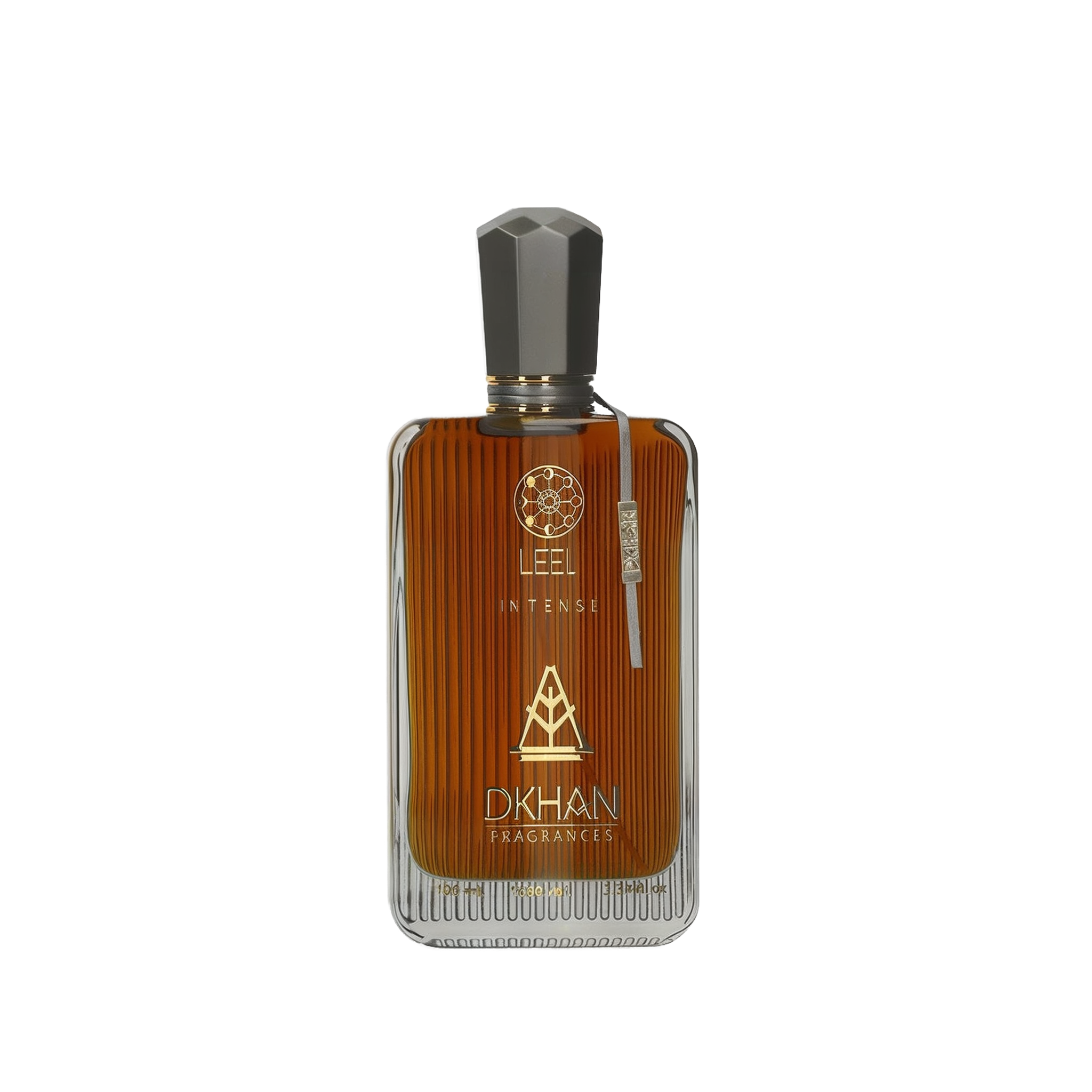 The image features a sleek glass perfume bottle with a rich, amber-hued liquid inside. The front of the bottle displays the word "LEEL" in large, bold letters, with "INTENSE" just beneath it in a smaller font. Below this, the "DKHAN FRAGRANCES" emblem is prominently centered. At the top of the bottle, a golden geometric design is visible. The cap is a faceted black design, suggesting a luxurious and modern aesthetic.