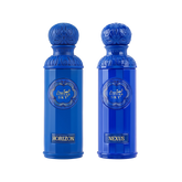 The image displays two perfume bottles from the "Legend of the Sky" collection by Gissah, named "Horizon" and "Nexus." Both bottles are vibrant blue with a tall, cylindrical shape and an ornate, embossed cap. The front of each bottle features an ornamental gold emblem with the collection's name, "GISSAH SKY," and each has a gold label with the individual fragrance's name.