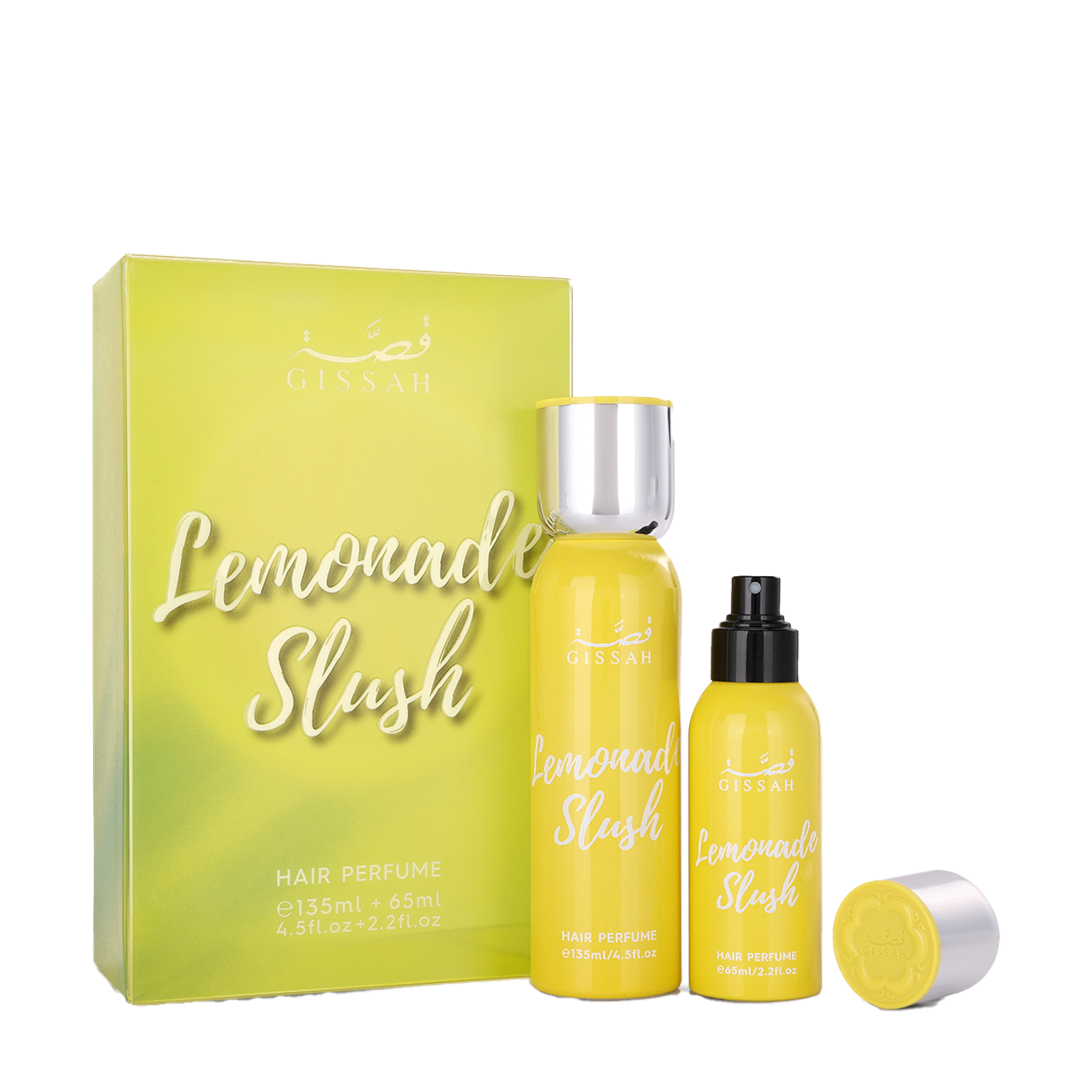 Yellow Gissah Lemonade Slush Hair Perfume set with two bottles and matching box featuring citrus gradient design.