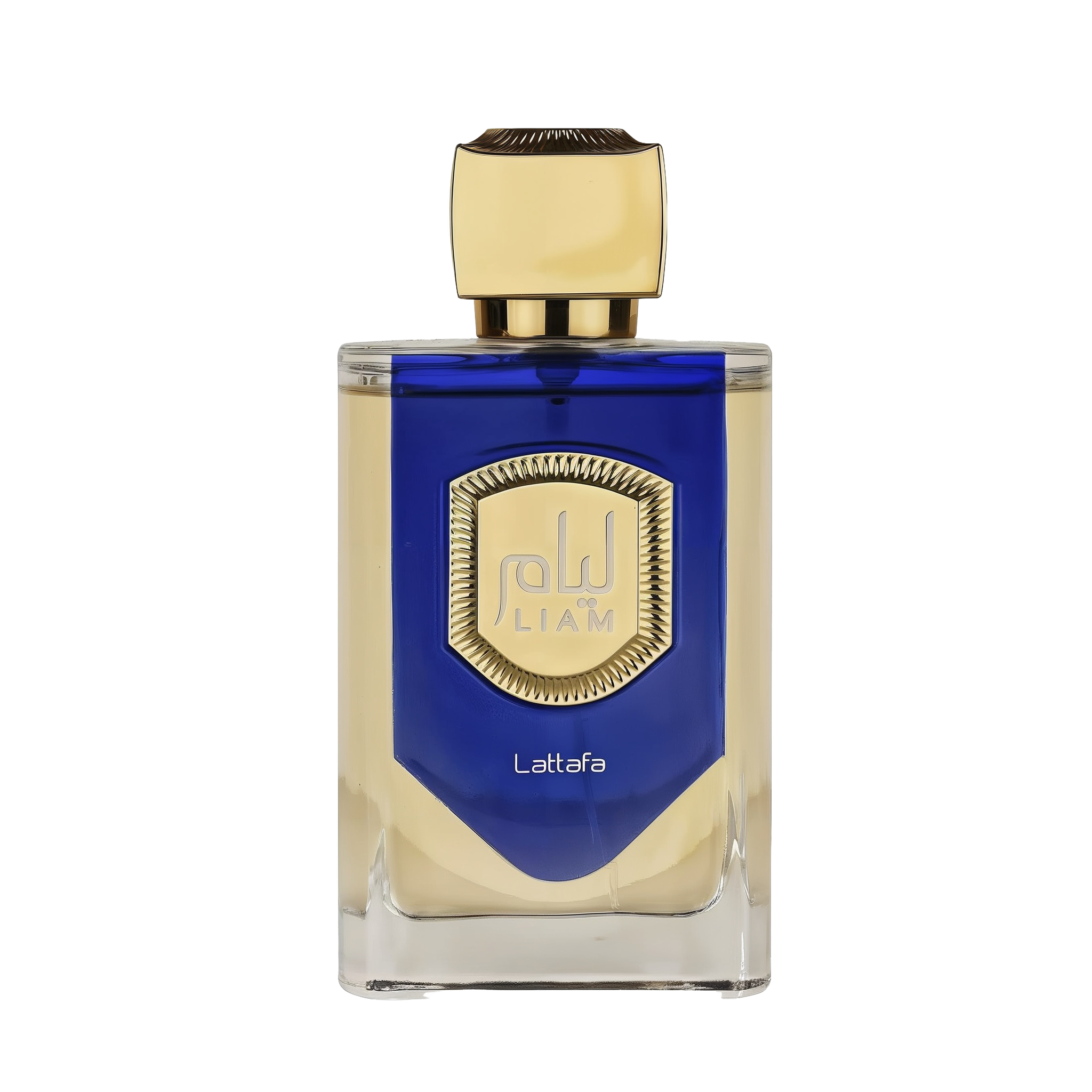The image features a bottle of Liam Blue Shine perfume by Lattafa. The bottle has a clear, rectangular glass base with a blue color gradient at the top half. It features a prominent gold label with a textured border and the name "Liam" in stylized font in the center. Below the label, the word "Lattafa" is printed in small, simple white letters. The cap of the bottle is a smooth, metallic gold color with a faceted design, giving it a luxurious and elegant appearance.