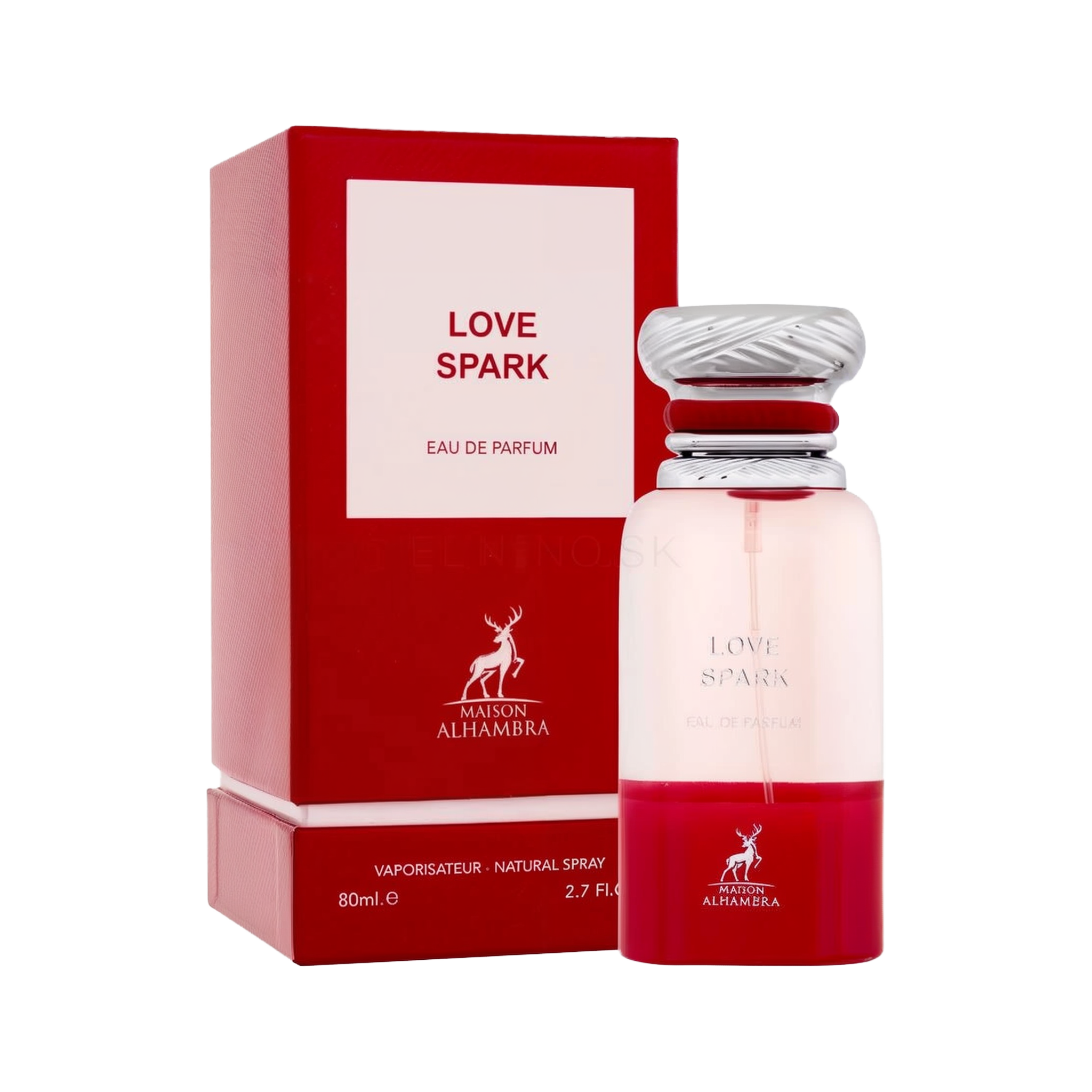 A red and white rectangular perfume box labeled “Maison Alhambra Love Spark Eau De Parfum” stands next to a cylindrical glass bottle with a silver ridged cap and a red gradient at the base, displaying the same product name.