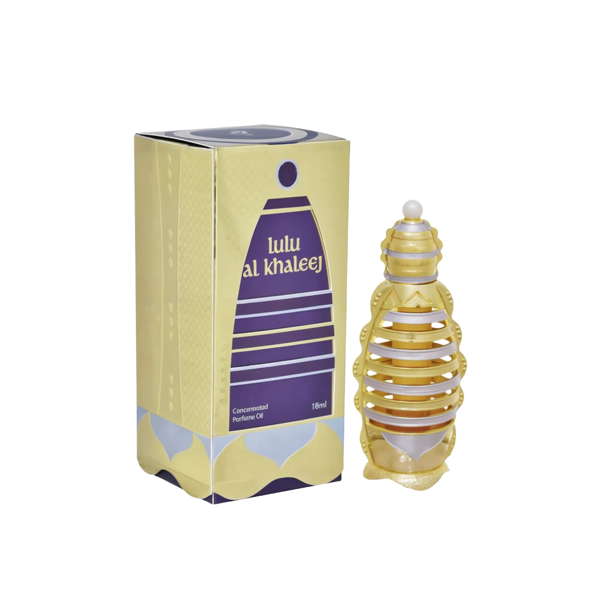 The image shows a product called "Lulu Al Khaleej" by Khadlaj, which is a concentrated perfume oil. The product is packaged in an 18ml bottle. The packaging box is predominantly gold with purple accents and features the product name in English and Arabic.