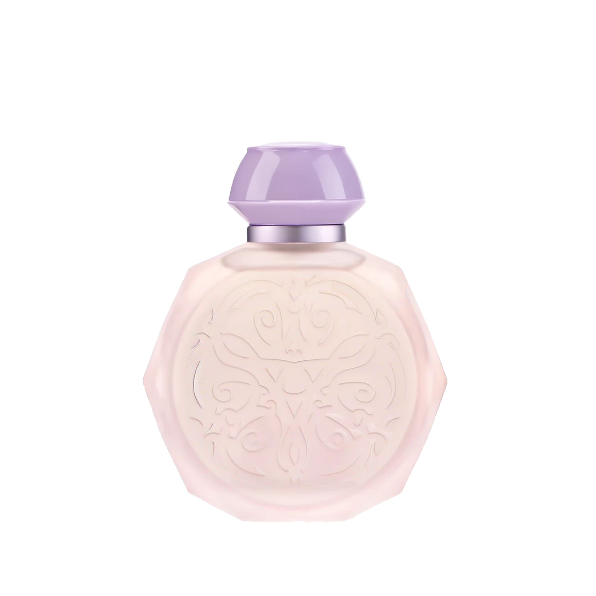 A pastel pink octagonal perfume bottle with intricate embossed designs on the front. The bottle features a matching pastel purple cap and a silver collar, adding a touch of elegance and sophistication. The soft colors and detailed patterns give the bottle a delicate and luxurious appearance, perfect for a high-end fragrance.