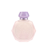 A pastel pink octagonal perfume bottle with intricate embossed designs on the front. The bottle features a matching pastel purple cap and a silver collar, adding a touch of elegance and sophistication. The soft colors and detailed patterns give the bottle a delicate and luxurious appearance, perfect for a high-end fragrance.
