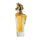 The image features a luxurious perfume bottle with a clear glass design showcasing a golden-colored fragrance inside.