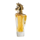 The image features a luxurious perfume bottle with a clear glass design showcasing a golden-colored fragrance inside.
