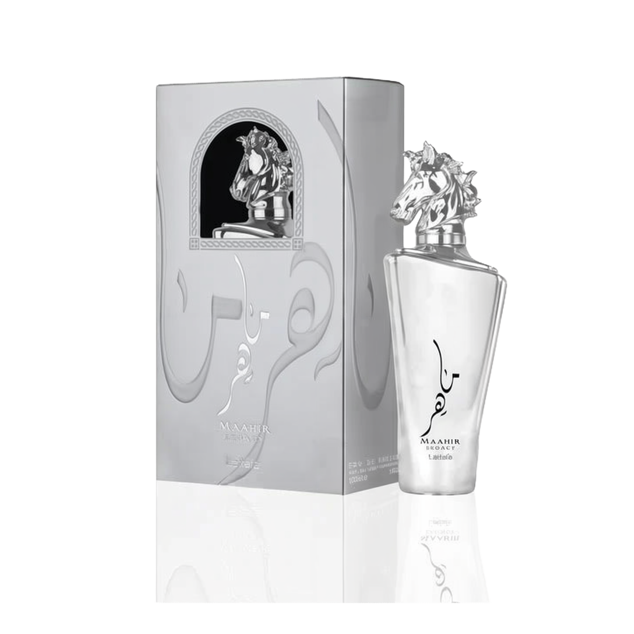 Image of Maahir Legacy Eau de Parfum by Lattafa. The perfume bottle is a sleek, clear design with an eye-catching silver horse head as the bottle cap, symbolizing elegance and strength. The bottle has Arabic calligraphy and the words 'Maahir Legacy' along