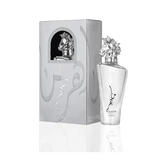Image of Maahir Legacy Eau de Parfum by Lattafa. The perfume bottle is a sleek, clear design with an eye-catching silver horse head as the bottle cap, symbolizing elegance and strength. The bottle has Arabic calligraphy and the words 'Maahir Legacy' along