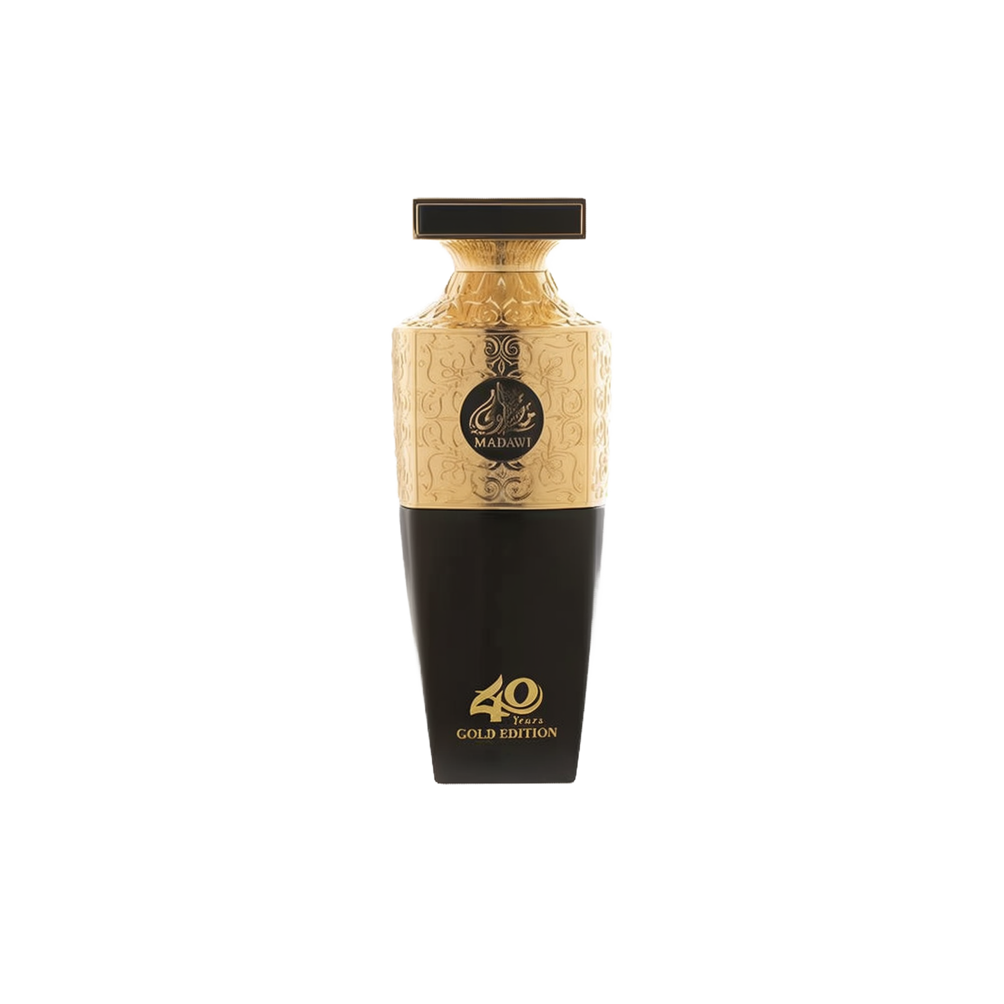 A premium bottle of Madawi Gold Edition perfume by Arabian Oud, commemorating 40 years. The bottle features a sleek black lower half with gold lettering reading '40 Years GOLD EDITION,' and an ornate, embossed gold upper half with a black and gold circular label bearing the Madawi name in Arabic and English. The bottle is topped with a rectangular gold-trimmed black cap