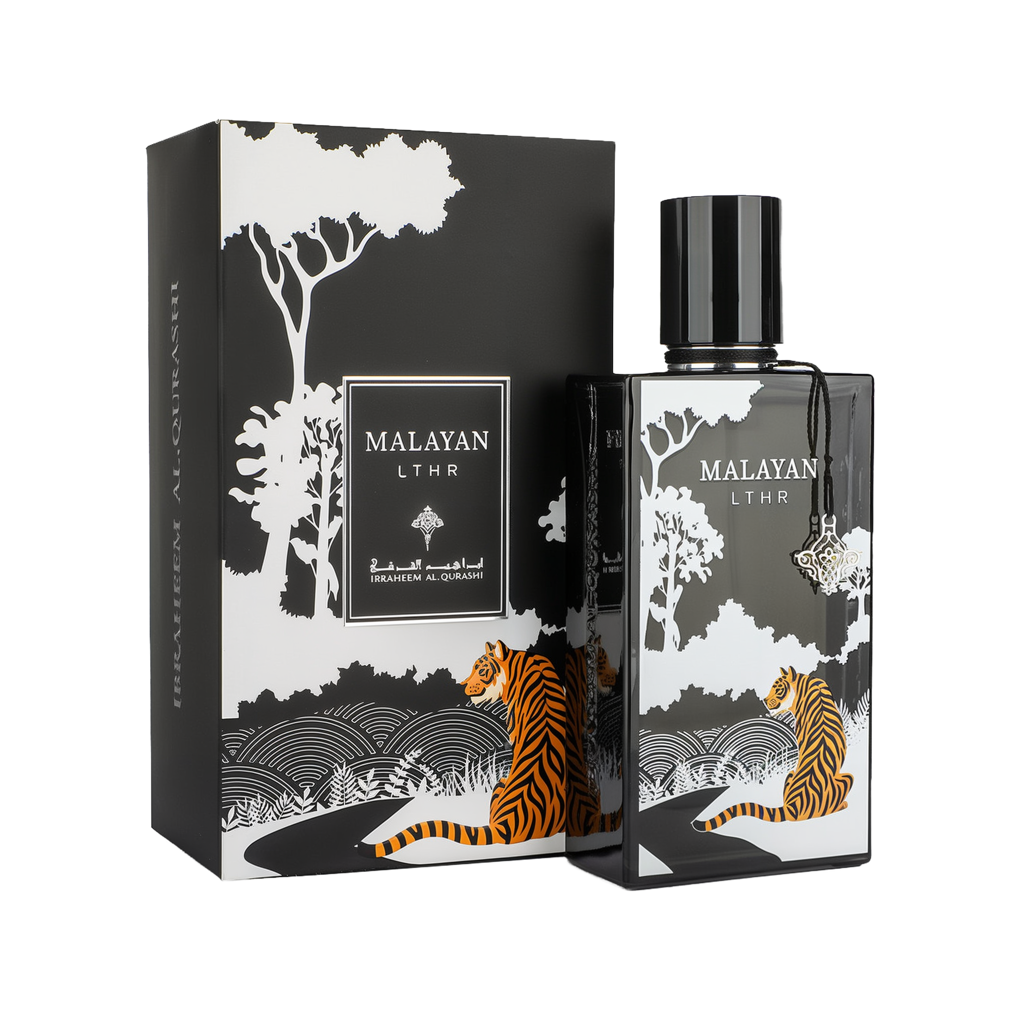 A bold and artistic bottle of Malayan LTHR Eau De Parfum by Ibraheem Al-Qurashi, displayed beside its matching box. The design features a black bottle with white forest silhouettes and an orange-striped Malayan tiger illustration. The bottle is topped with a glossy black cap and adorned with a hanging silver charm. The outer packaging reflects the same jungle theme with trees, a winding path, and a seated tiger, along with the Malayan LTHR label in white.