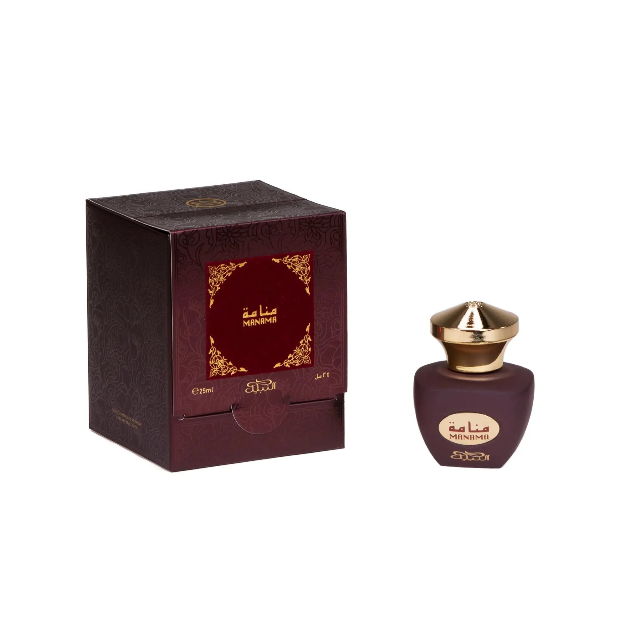 The image features a perfume product named "MANAMA" from Nabeel Perfumes. It shows a dark brown perfume bottle with a golden cap and the name "MANAMA" in both Arabic and English script on the label. Next to the bottle is the packaging box which matches in color and has a similar name label, framed by an ornate golden pattern. The box also has embossed floral patterns and indicates a volume of "25ml."