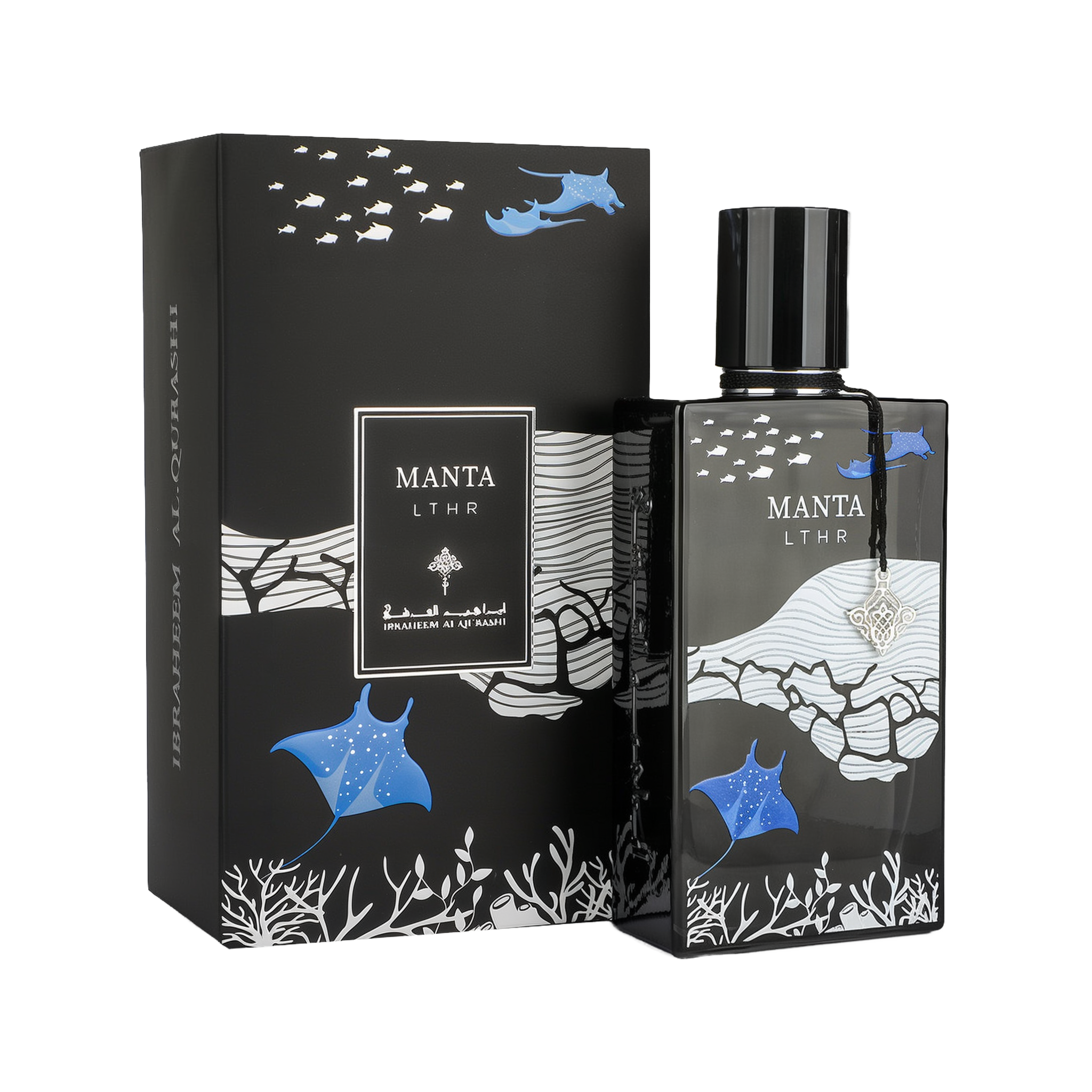 A stylish bottle of Manta LTHR Eau De Parfum by Ibraheem Al-Qurashi, presented alongside its matching box. The black rectangular bottle features underwater-themed artwork with blue manta rays, white fish, coral, and wave patterns. The bottle has a glossy black cap and a silver ornamental charm hanging from its neck. The outer packaging mirrors the aquatic design, with the Manta LTHR name prominently displayed in white on a black label.