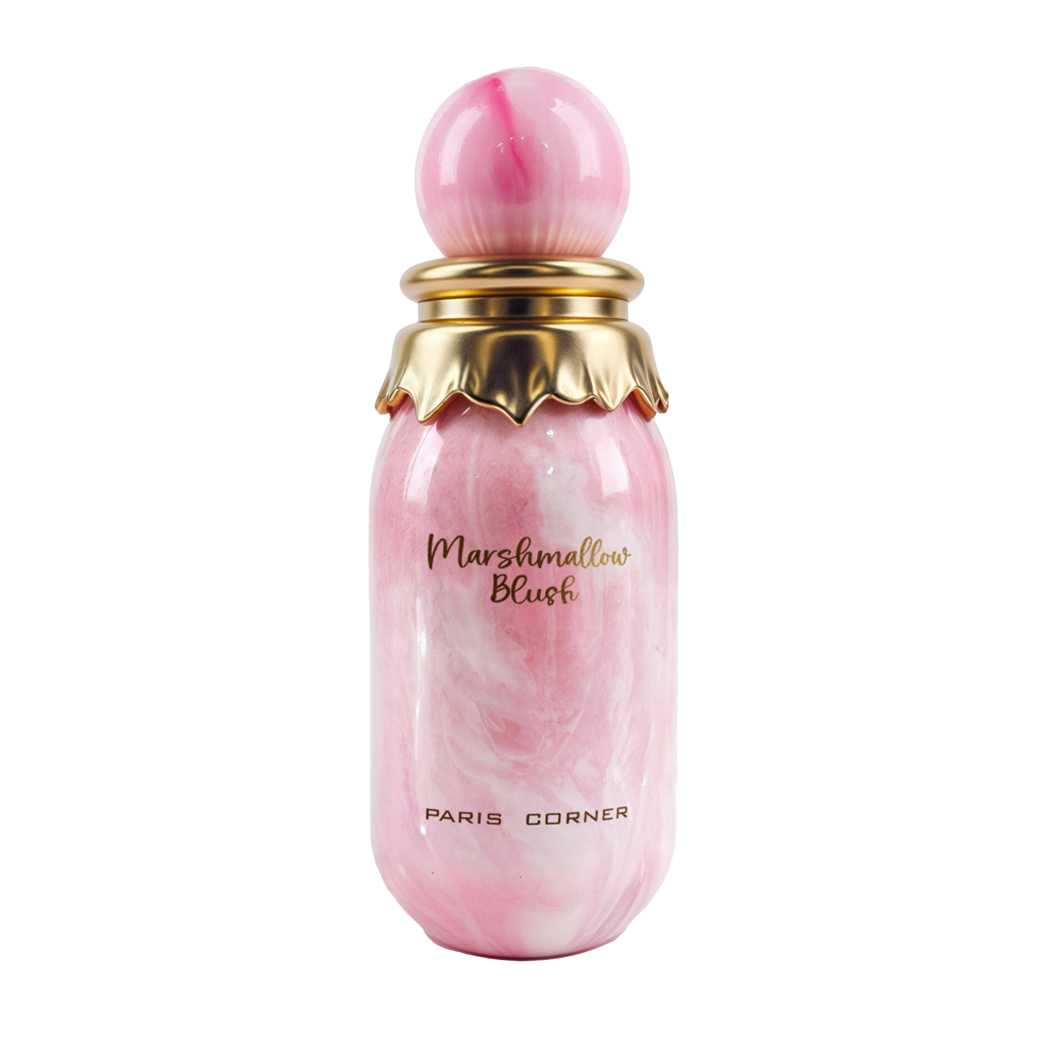 Pink marbled Paris Corner Marshmallow Blush perfume bottle with round cap and gold collar.