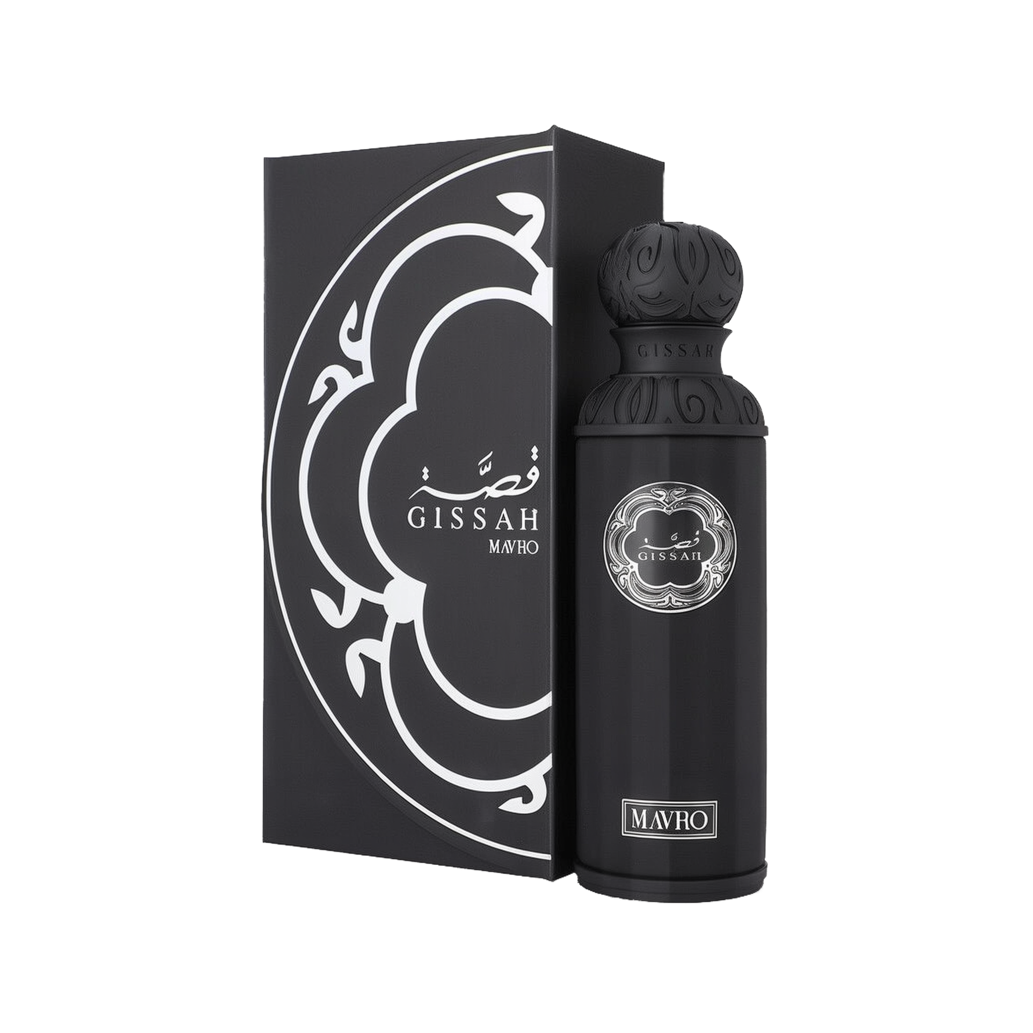A sleek, cylindrical black perfume bottle with an ornate spherical cap, labeled “Gissah Mavro” in silver, standing next to a matching black box adorned with a stylized silver pattern.