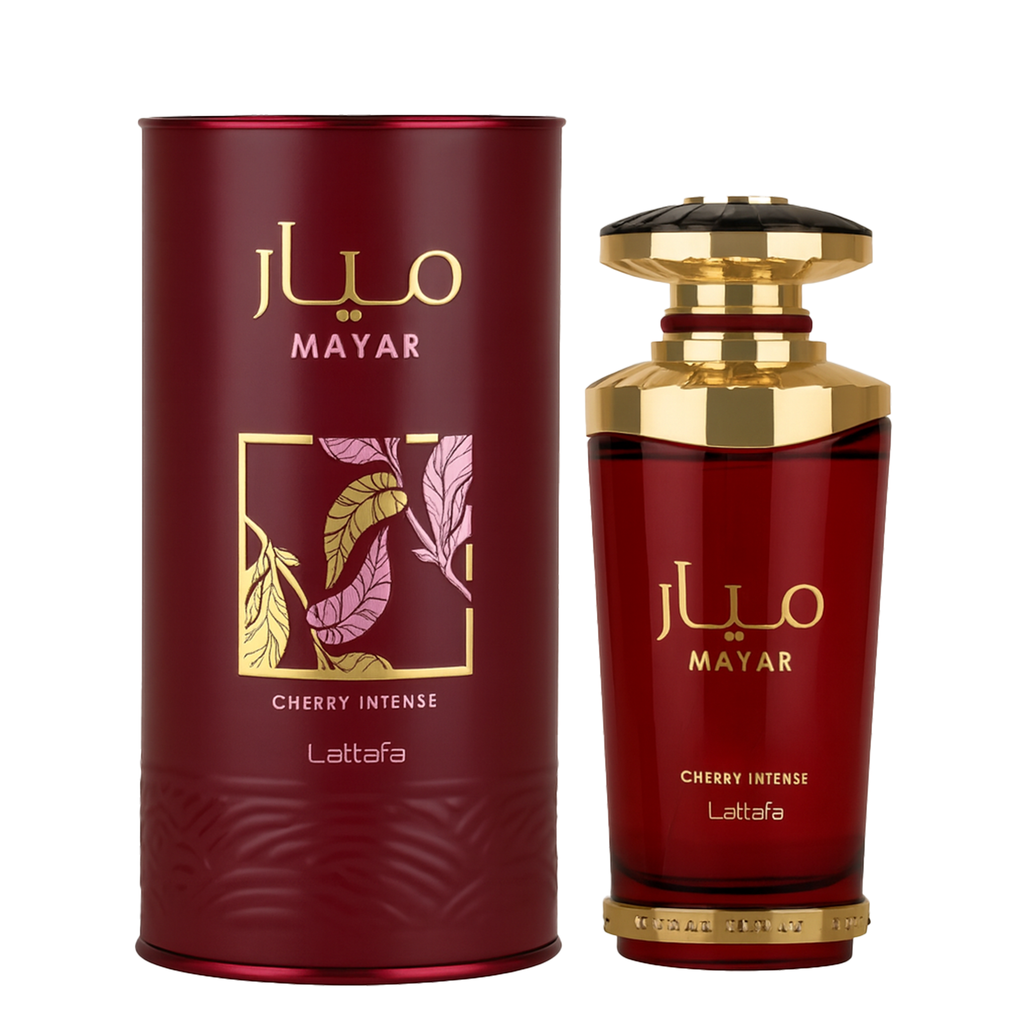 Lattafa Mayar Cherry Intense perfume bottle and cylindrical packaging in red and gold.
