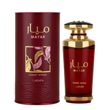 Lattafa Mayar Cherry Intense perfume bottle and cylindrical packaging in red and gold.