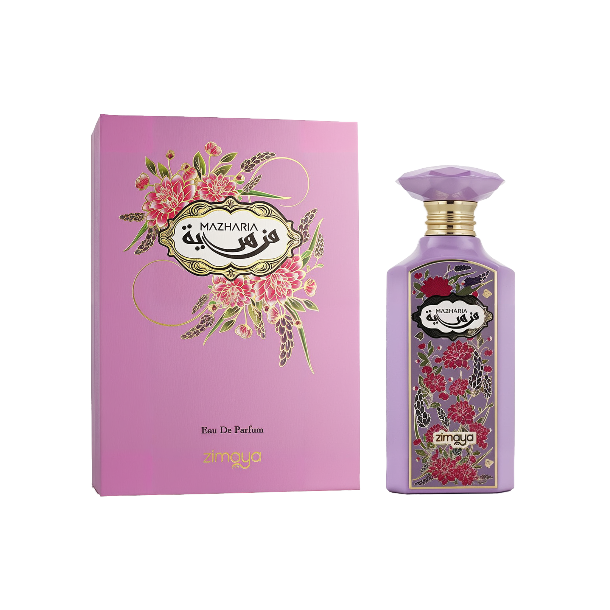A bottle and box of Mazharia Eau De Parfum by Zimaya. The packaging and bottle are both in a soft lavender color with intricate floral designs in shades of red, pink, and green. The label reads "MAZHARIA" in both English and Arabic within an ornate black and gold frame. The perfume bottle has a faceted cap and gold neck, and both the box and bottle are elegantly adorned with floral artwork.