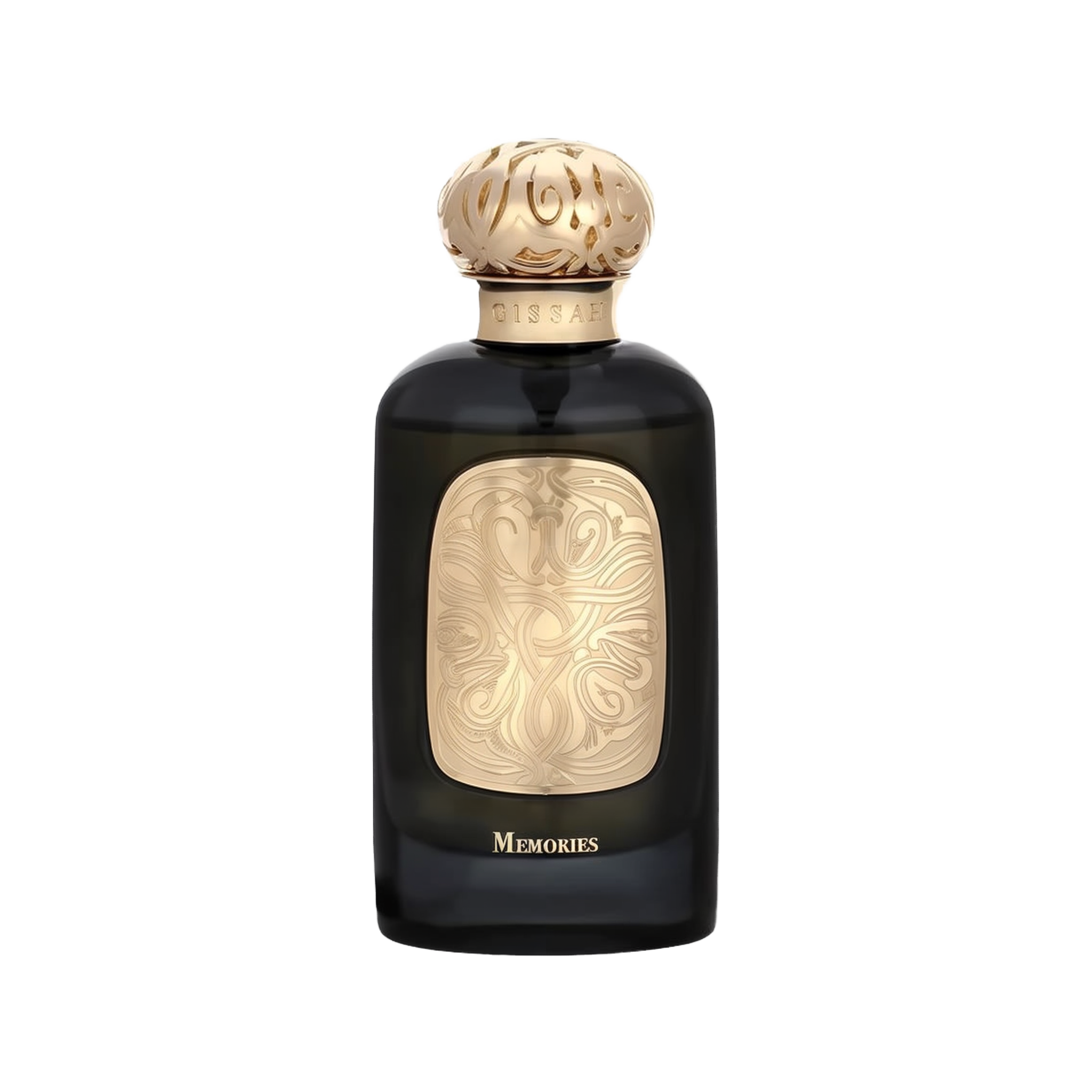 The image shows a dark, luxurious perfume bottle from Gissah named "Memories." The bottle has a sleek, rounded shape with a black finish. A large, ornate gold plaque featuring intricate patterns is placed on the front of the bottle, adding an elegant touc