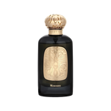 The image shows a dark, luxurious perfume bottle from Gissah named "Memories." The bottle has a sleek, rounded shape with a black finish. A large, ornate gold plaque featuring intricate patterns is placed on the front of the bottle, adding an elegant touc