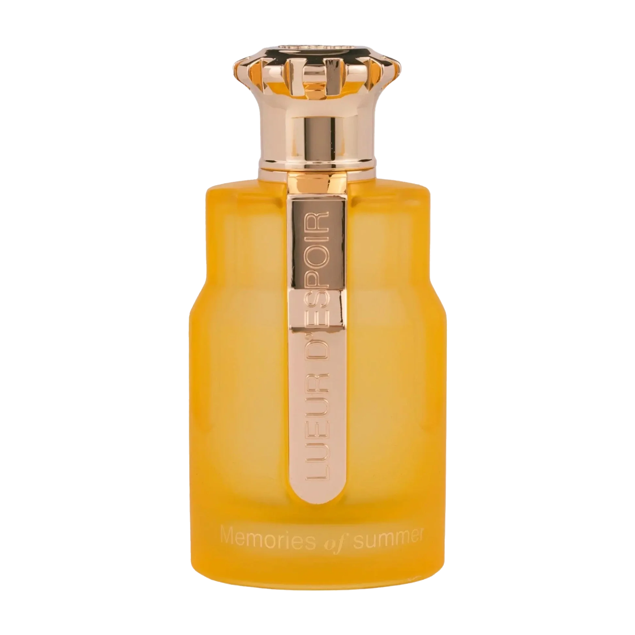 Bright yellow perfume bottle with gold crown-shaped cap and Memories of Summer branding on front.